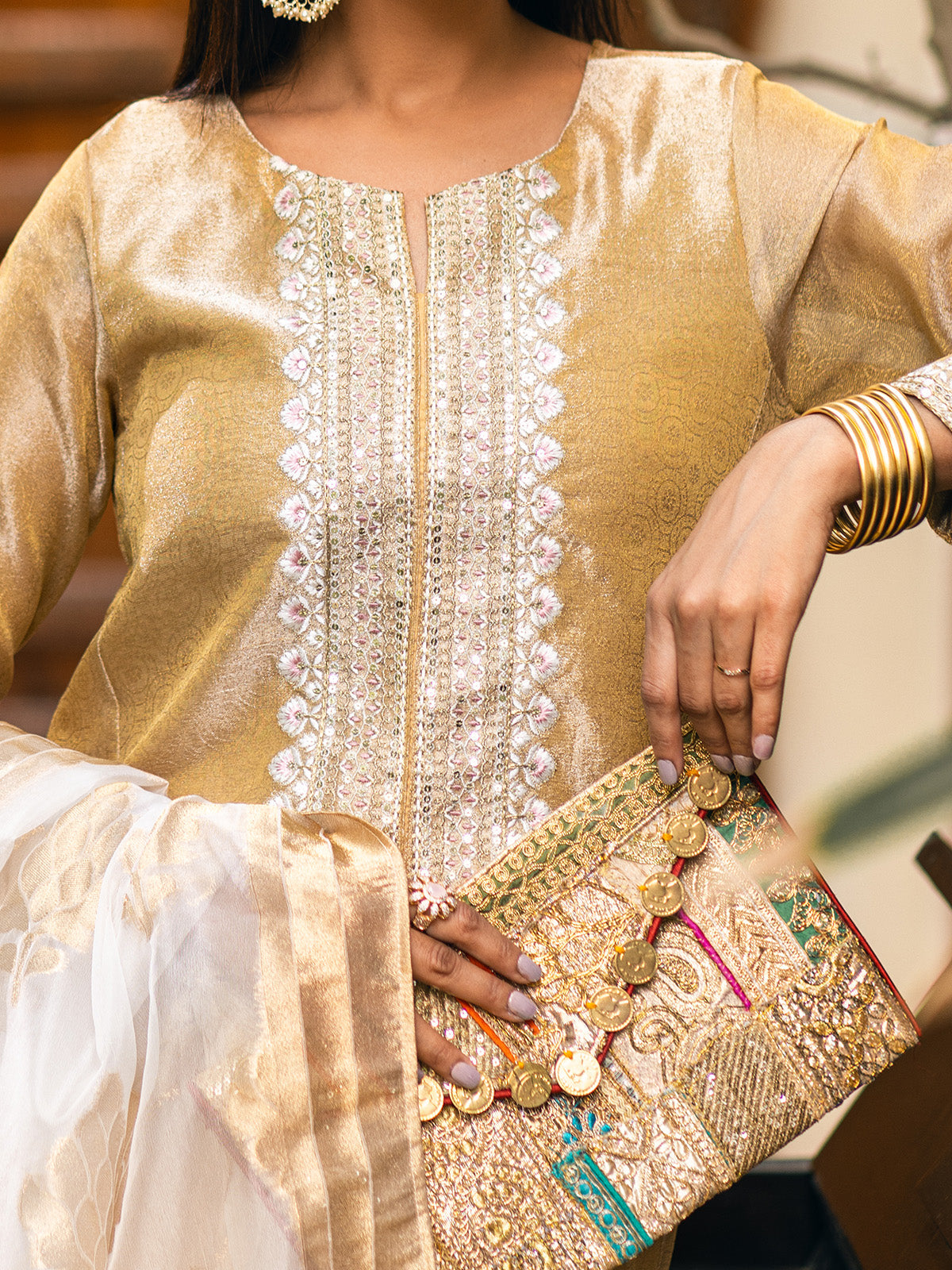 zari net Kurta Set in Beige