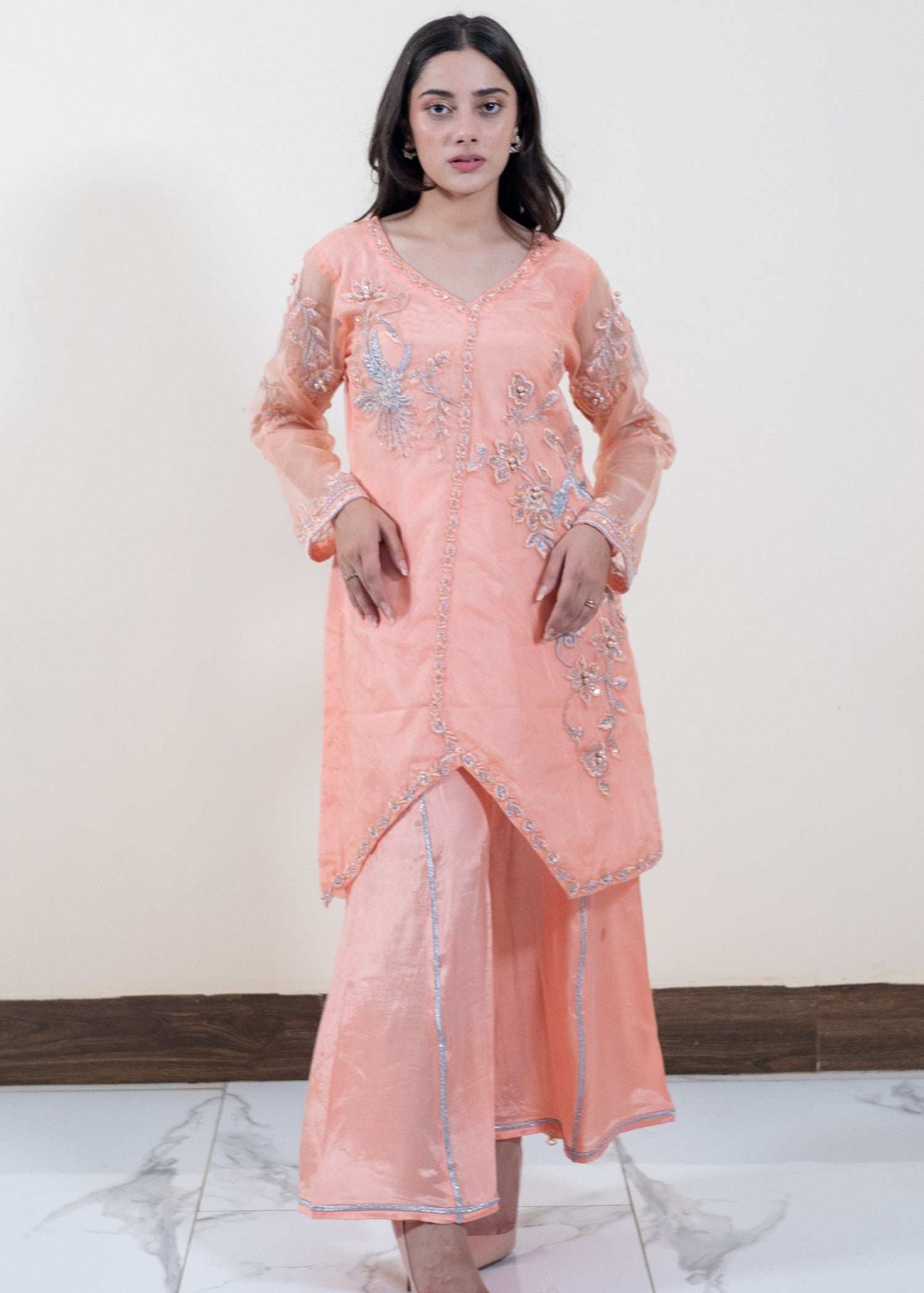 organza Kurta Set in Peach pink