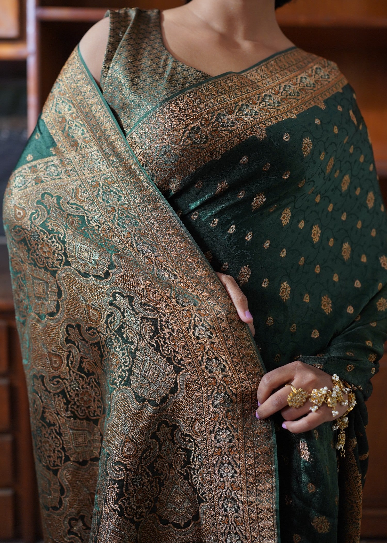 banarsi silk Saree in Dark green