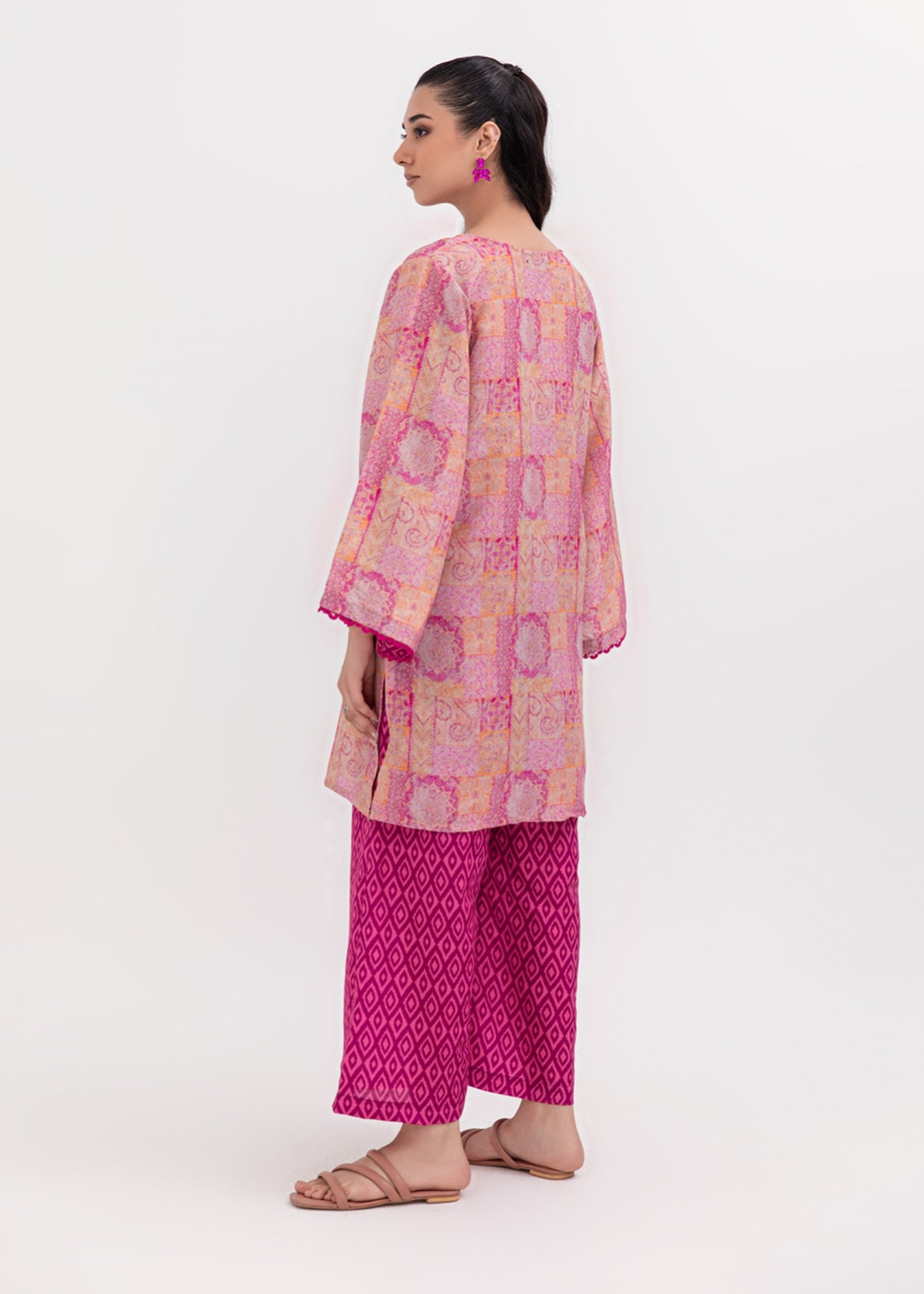 silk finish lawn Kurta Set in Hot pink red