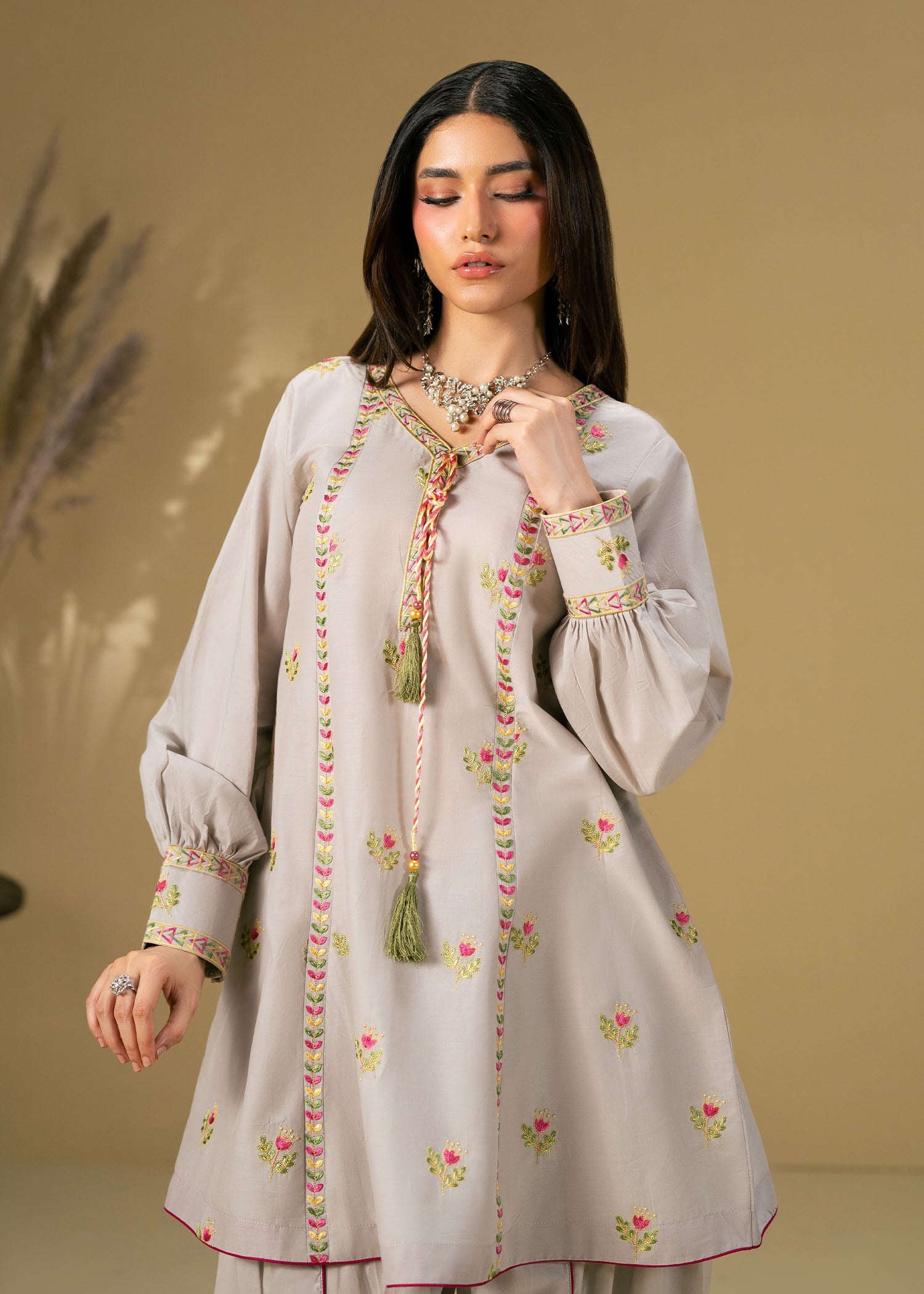 lawn Short Frock in Light grey