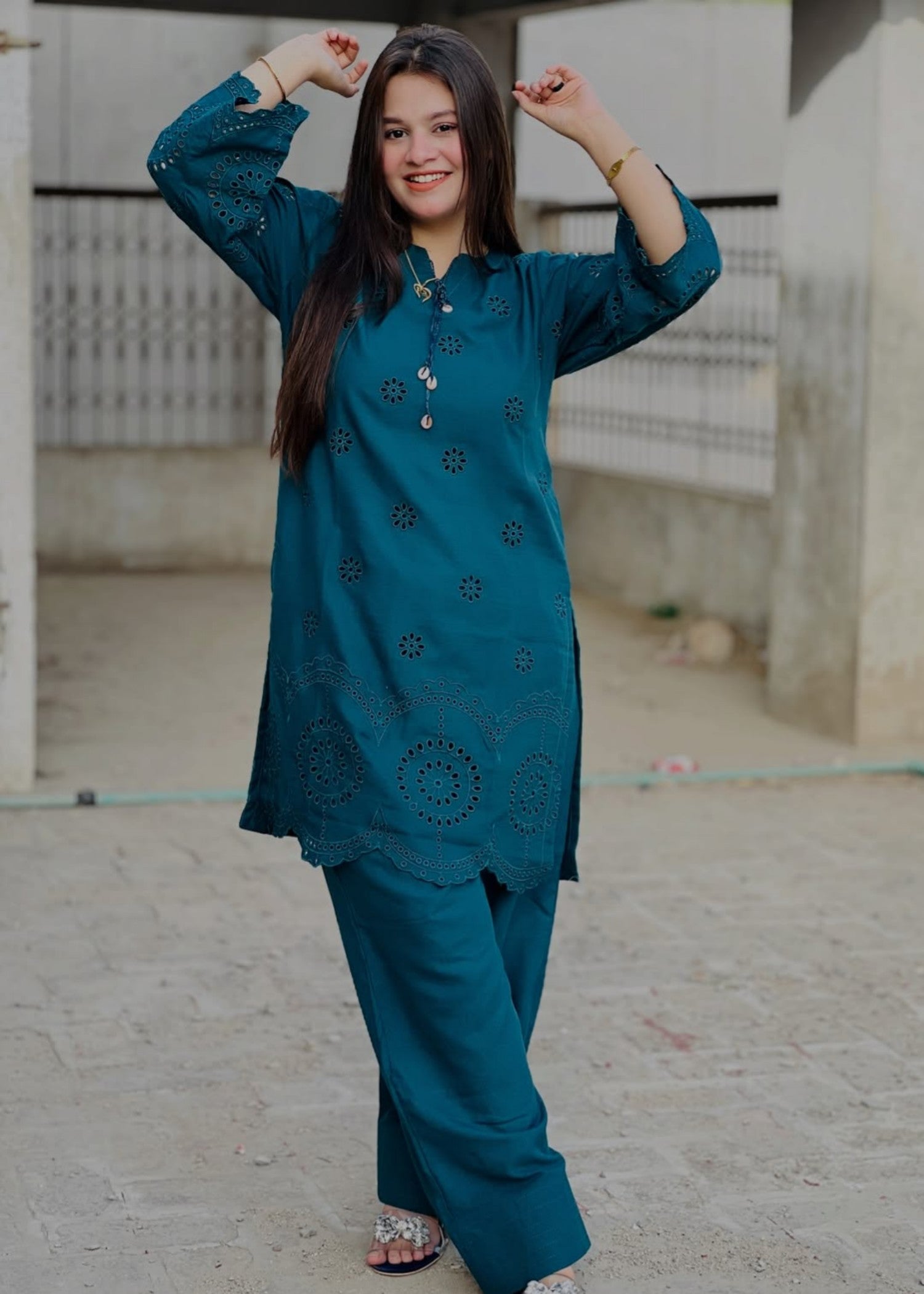 linen chambray Kurta Set in Dark cyan
