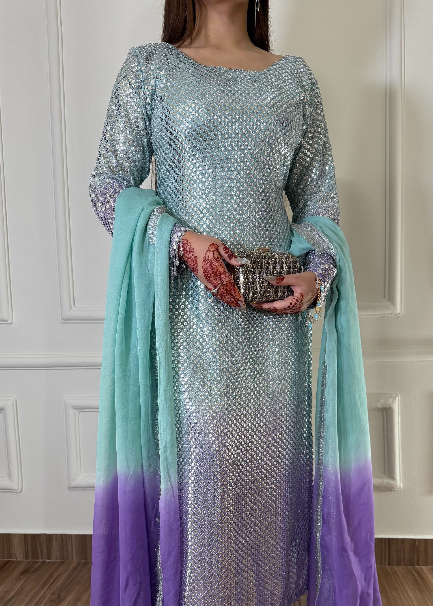 bemberg crinkle chiffon Kurta Set in Sky blue, bright lavender