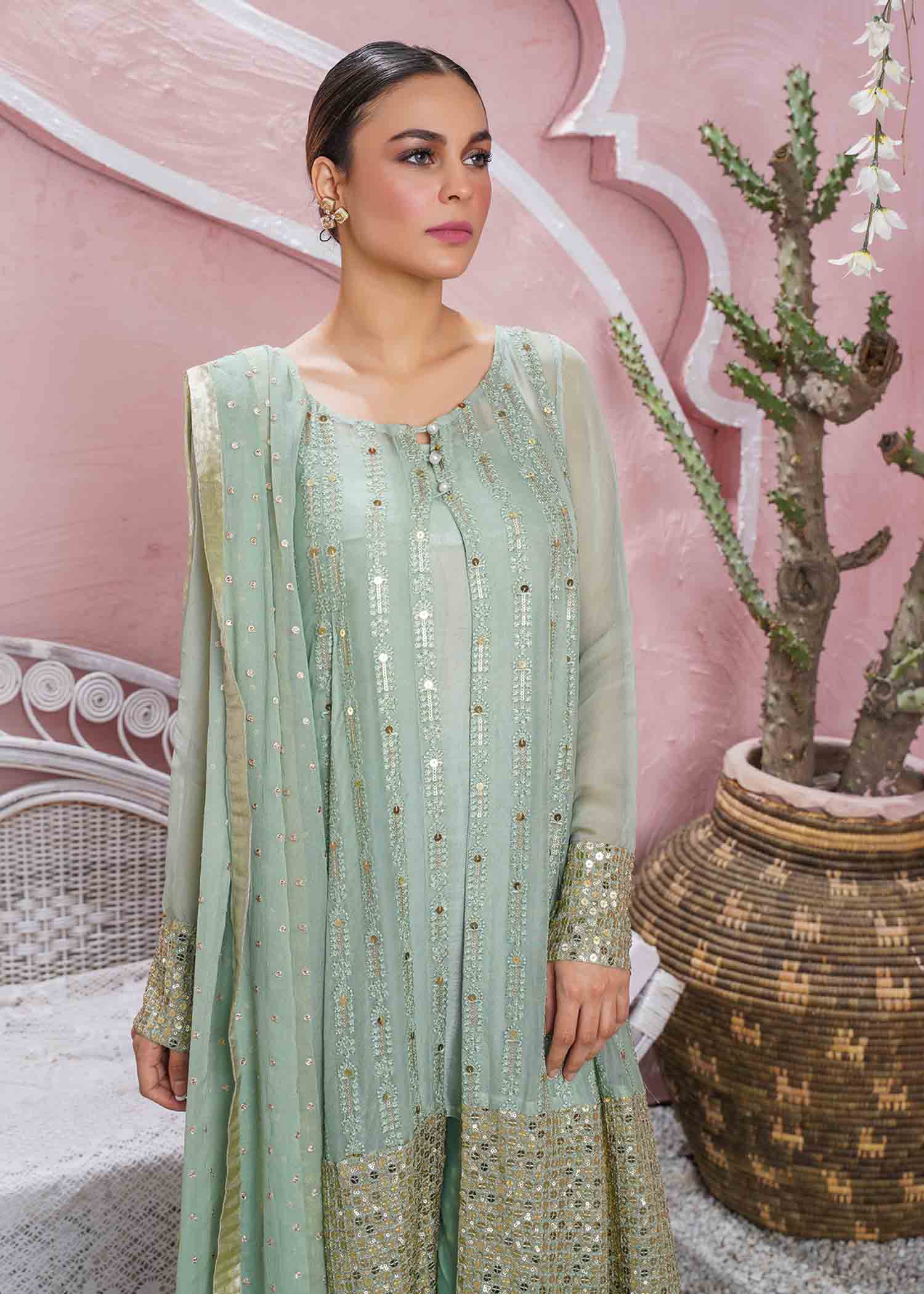 chikankari cotton Gown in Mint green