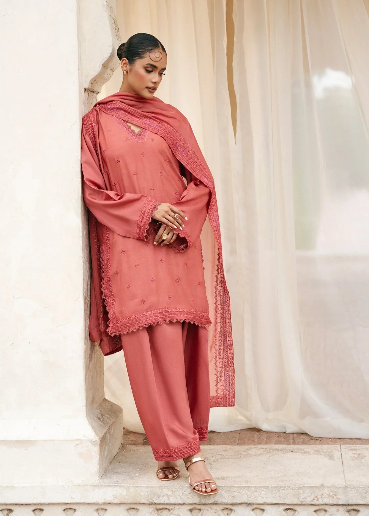 raw silk Kurta Set in Coral pink