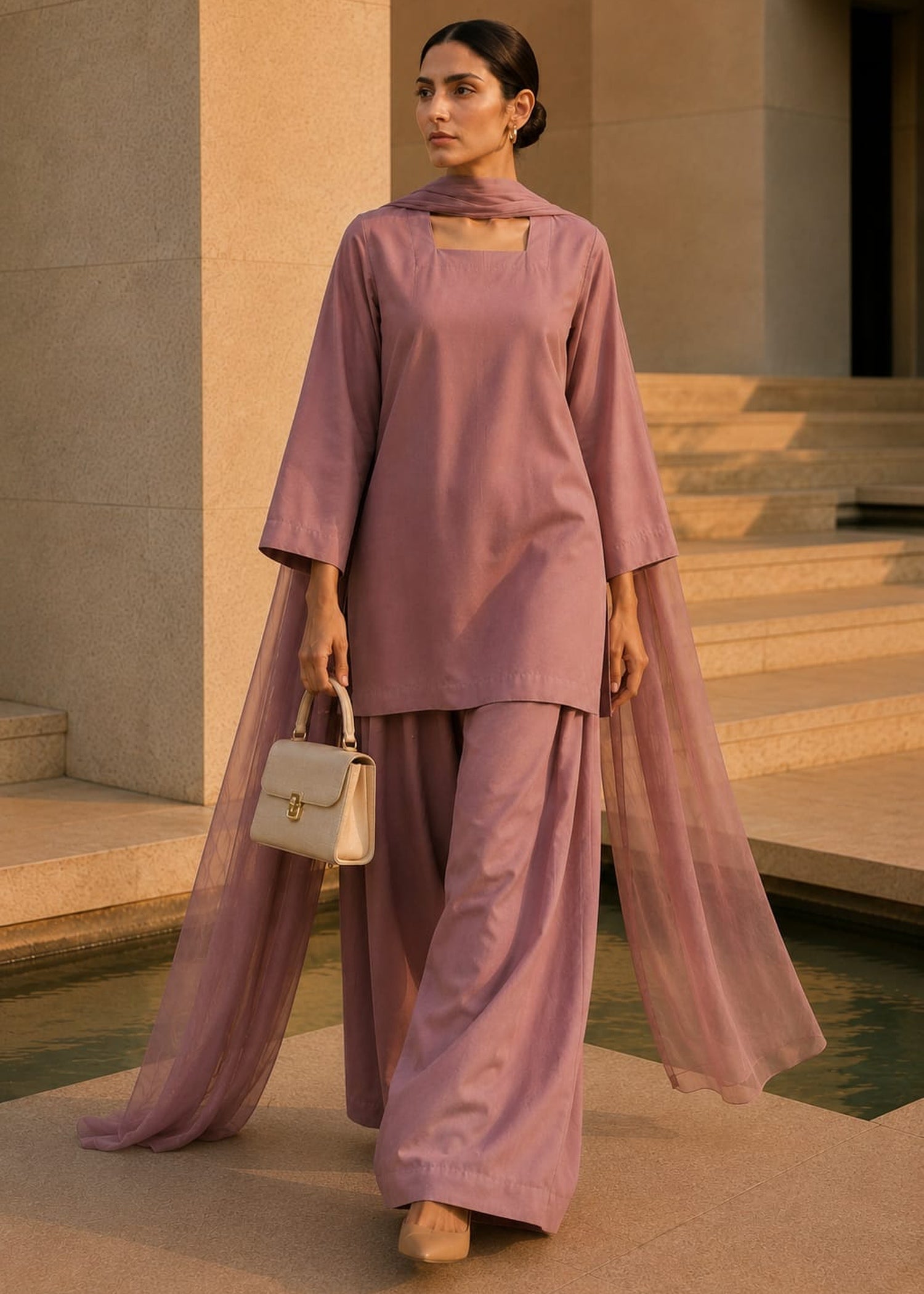 pure cotton Kurta Set in Tea rose pink
