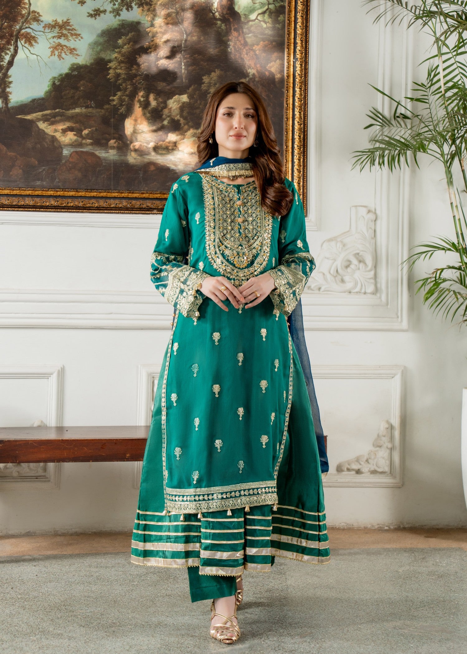 kattan silk Gown in Royal blue, teal