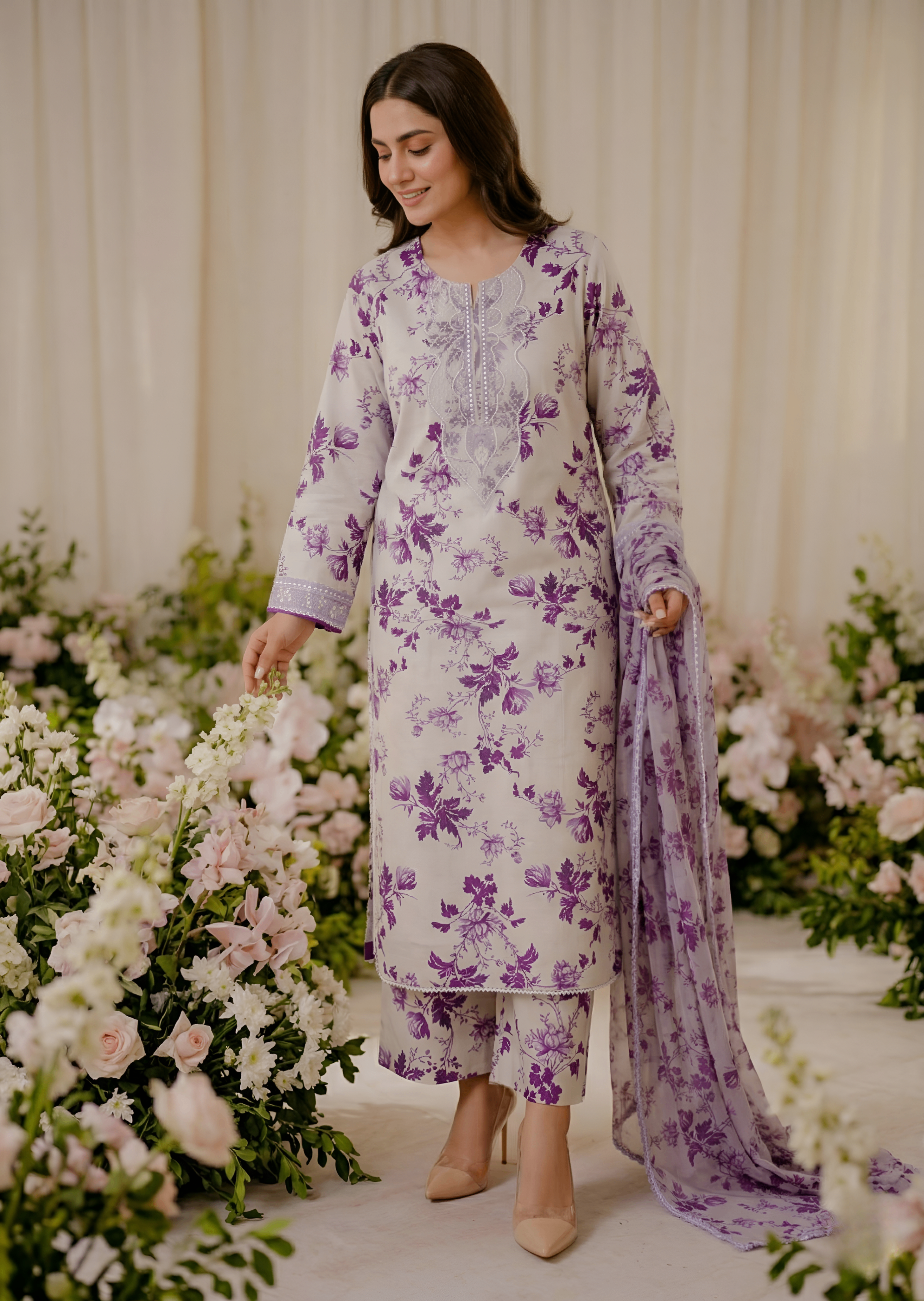 linen Kurta Set in Purple ash