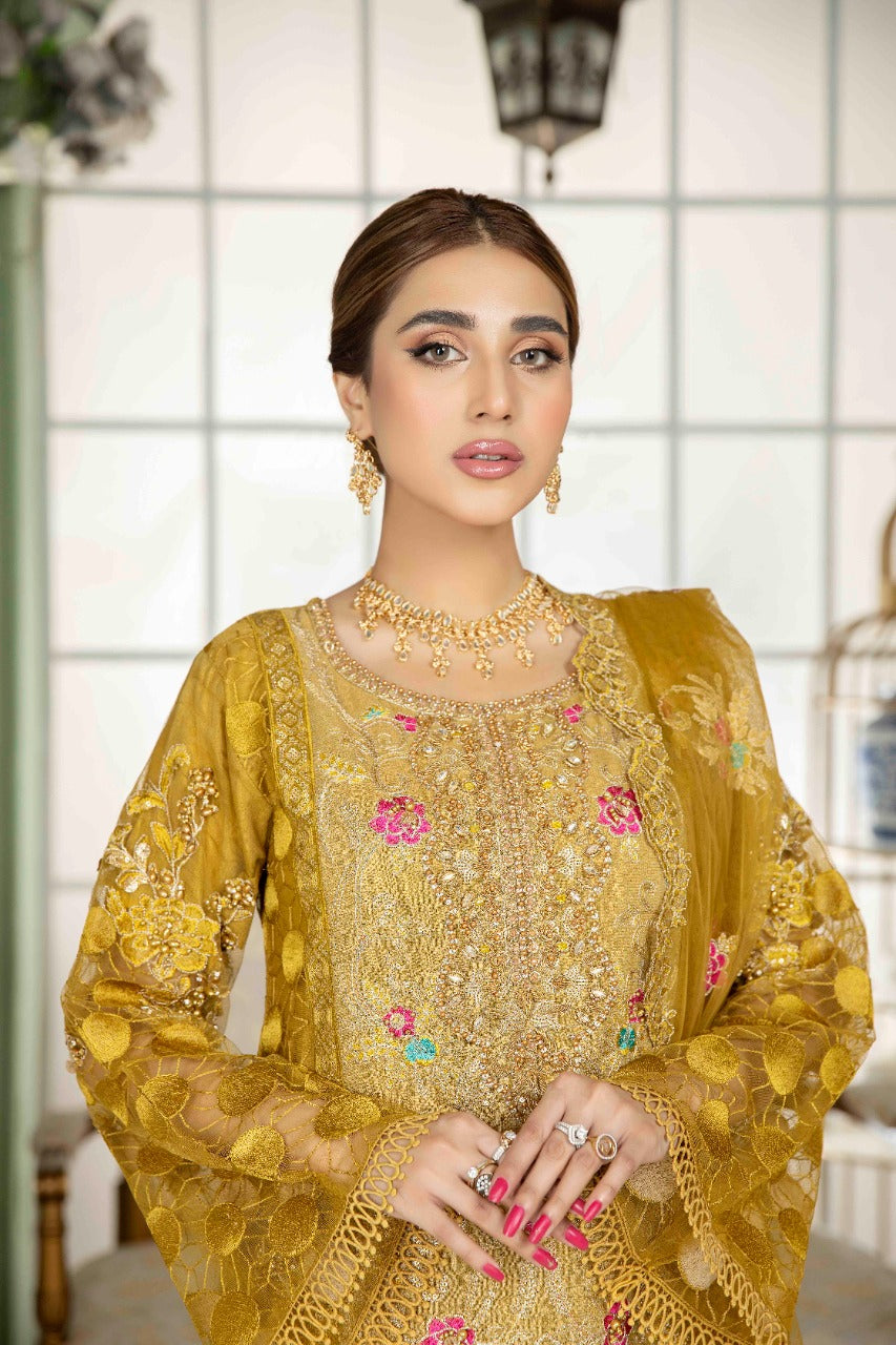 net Kurta Set in Bronze orange