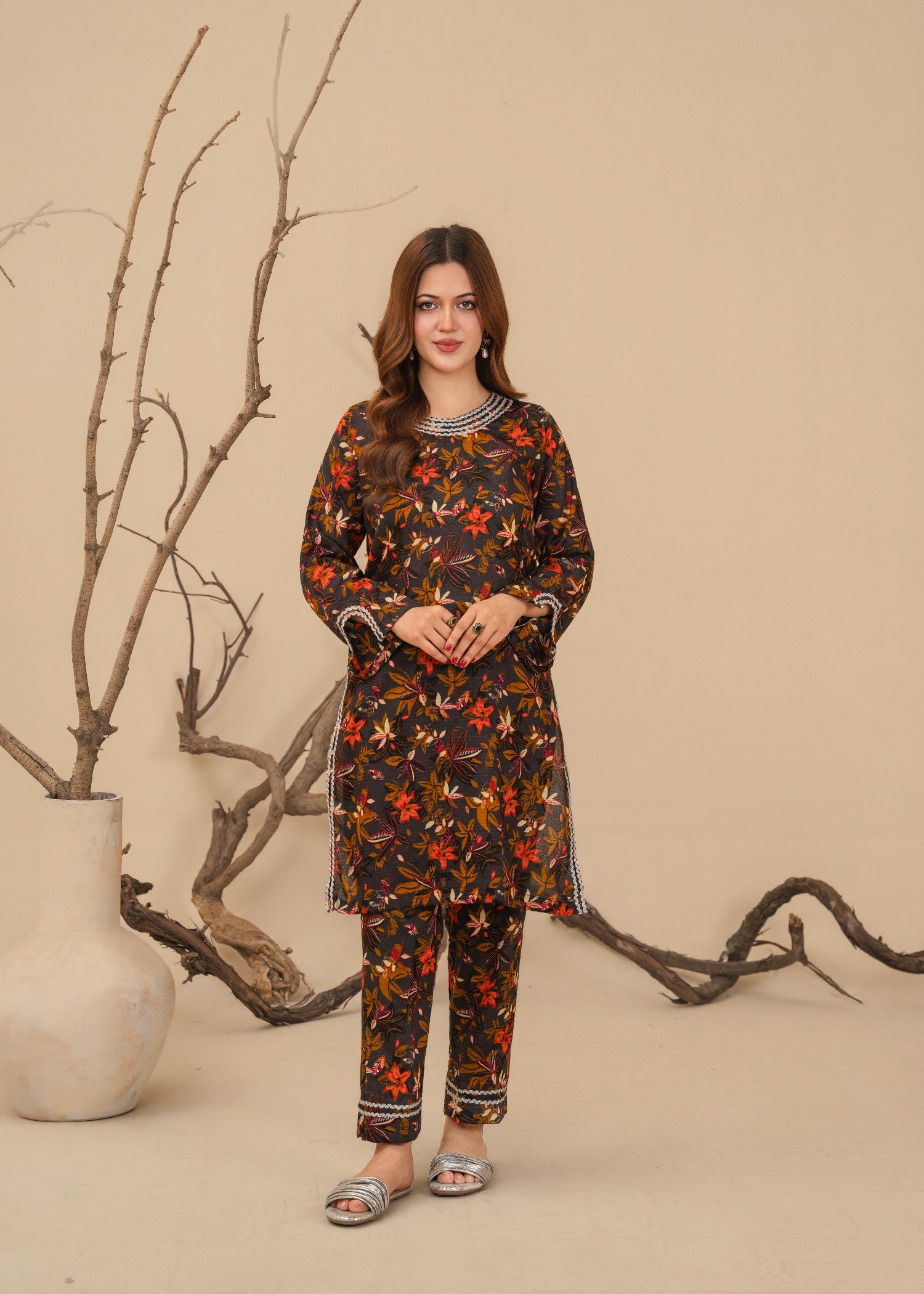 lawn Kurta Set in Charcoal black, yellow ochre, lemon chiffon