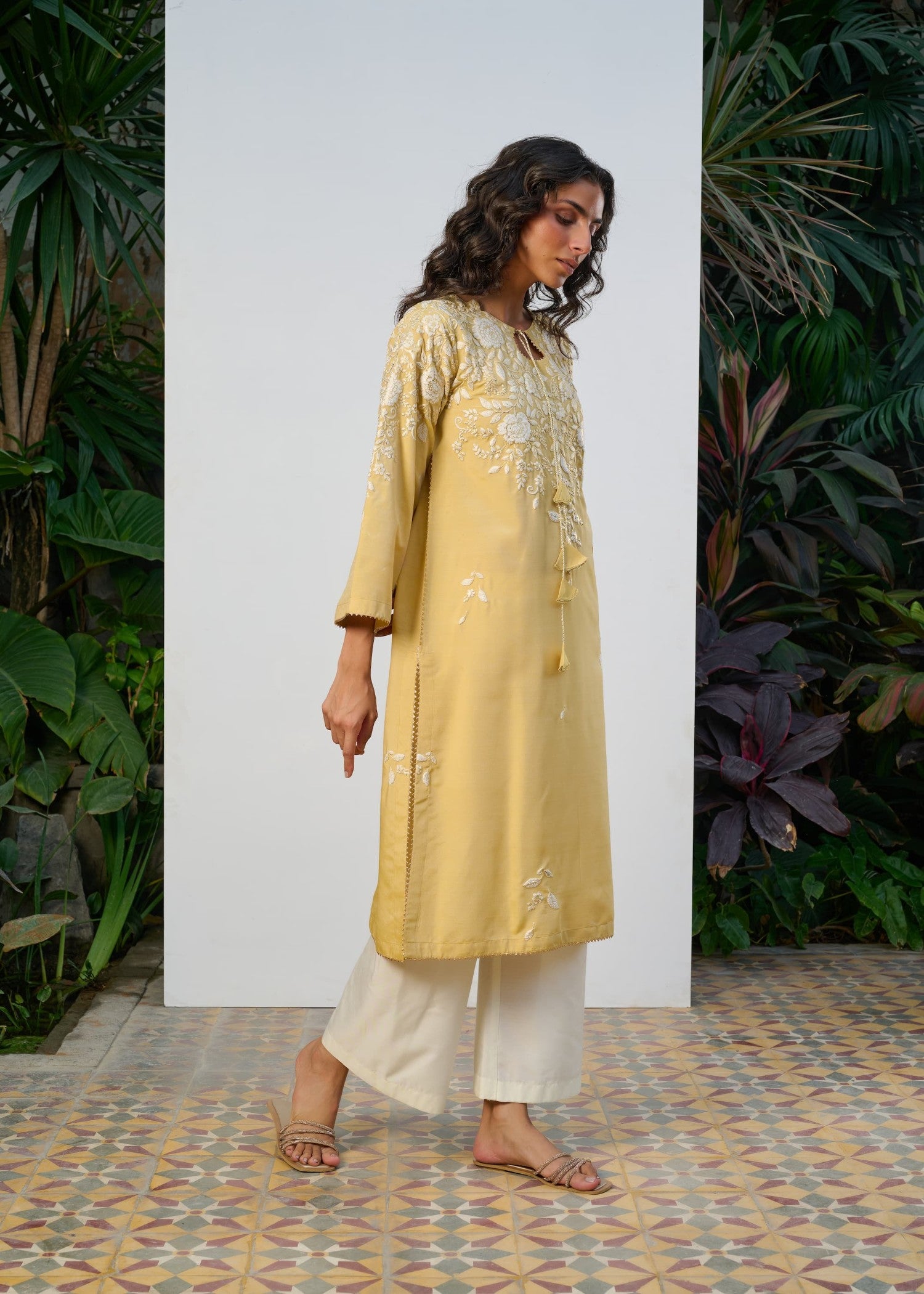 cotton silk Kurta Set in Off-white, buttercream
