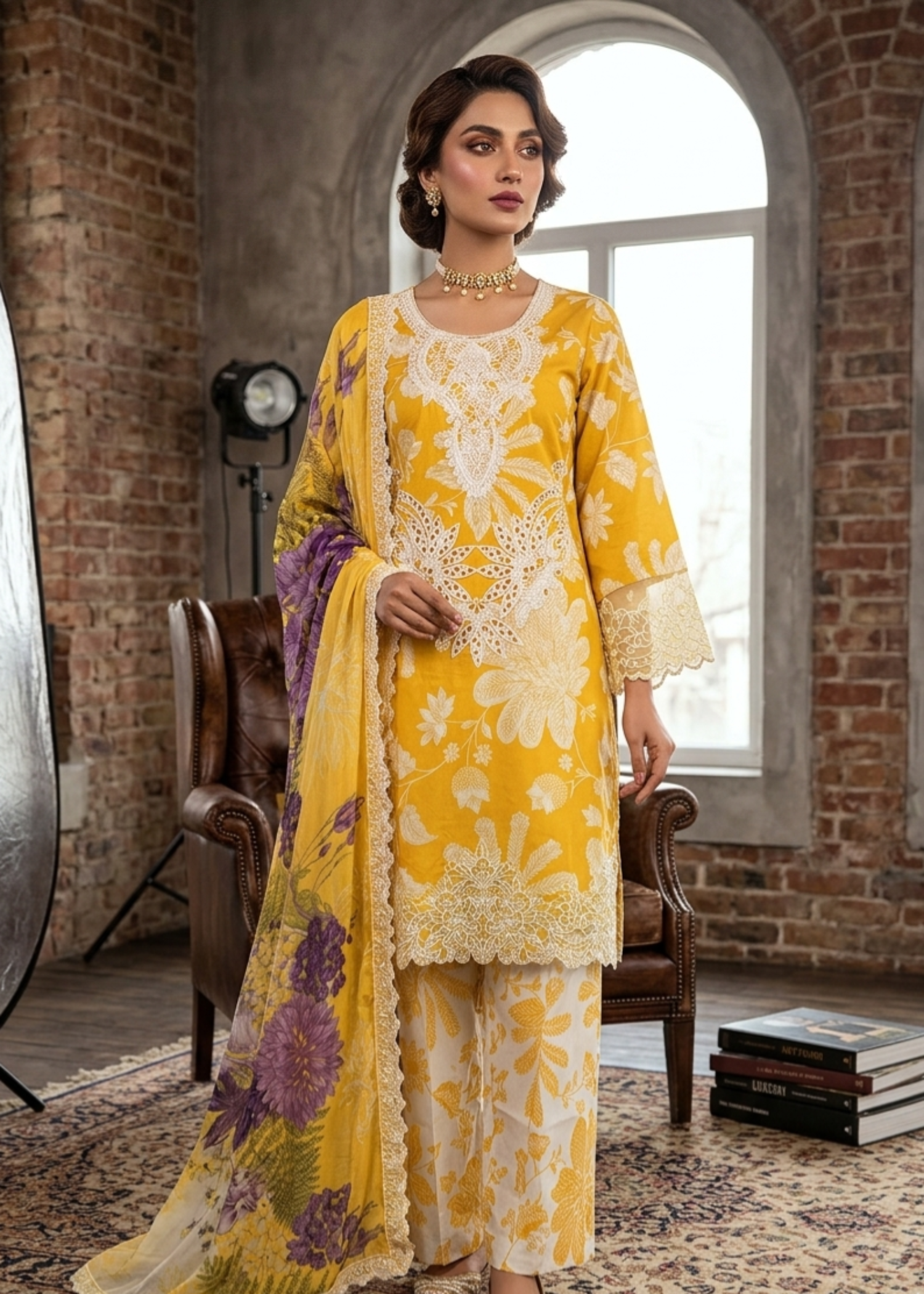 lawn Kurta Set in School bus yellow