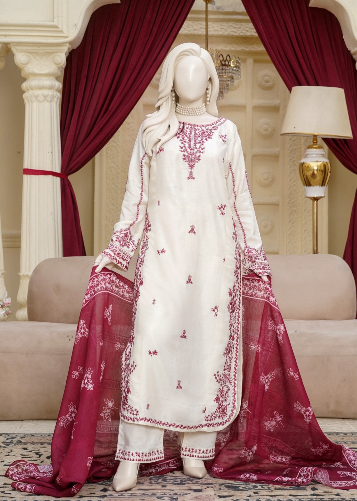 arabic lawn Kurta Set in Off-white
