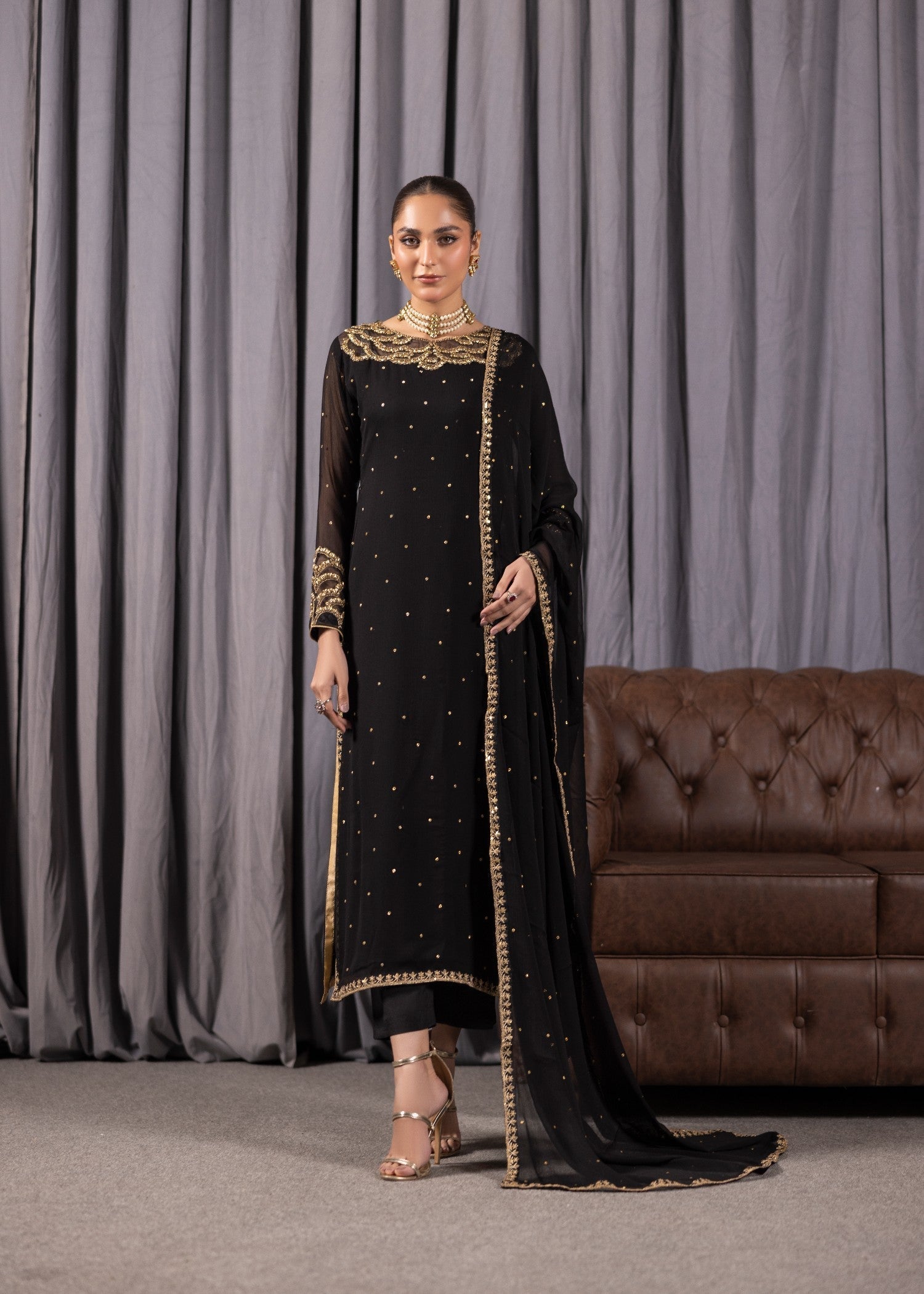 bemberg crinkle chiffon Kurta Set in Jet black