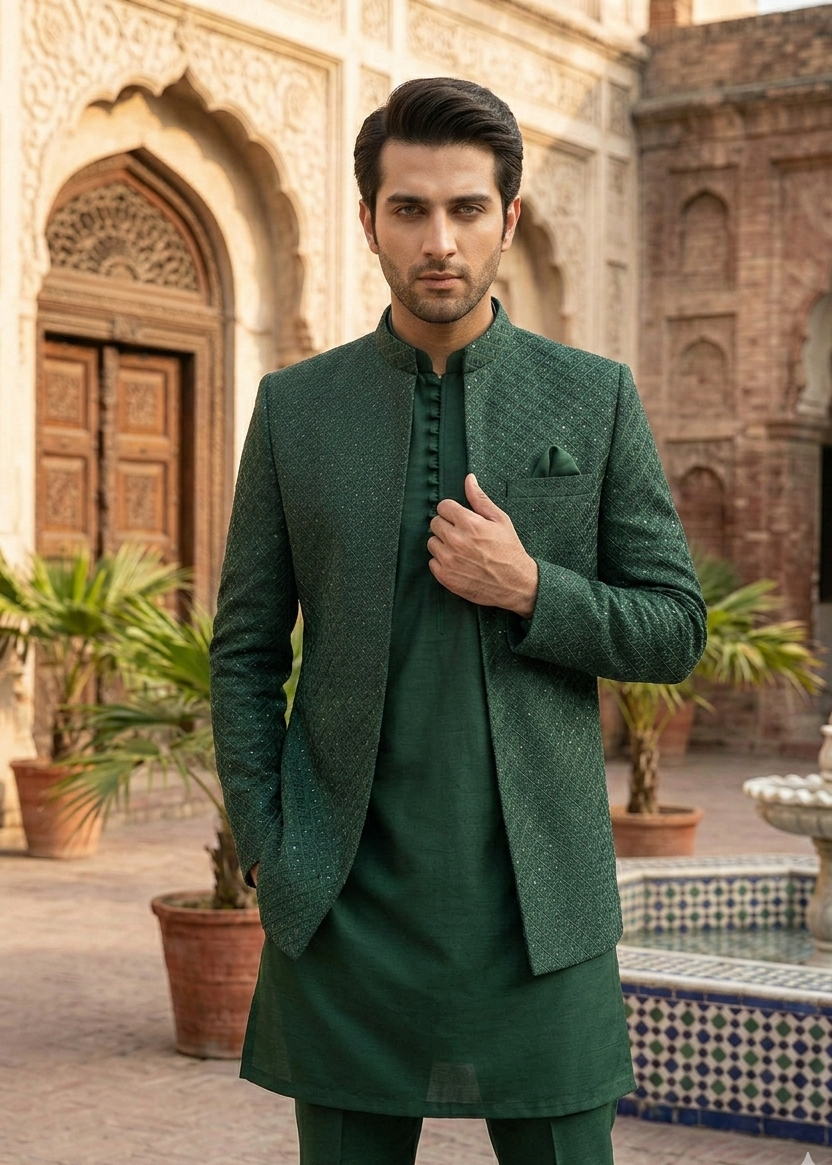 silk Prince Coat in Bottle green by Dulha Fashion House