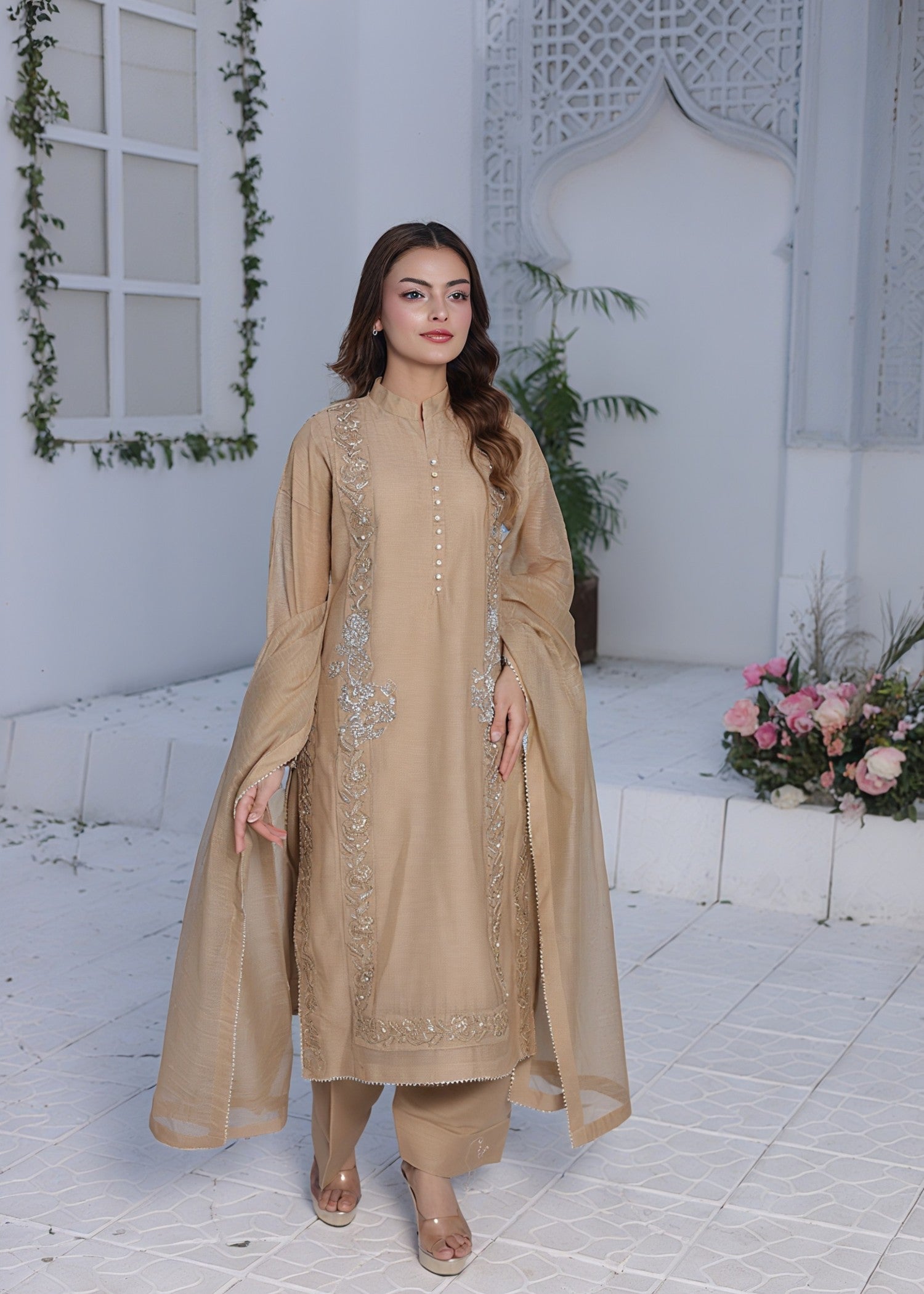 organza net Kurta Set in Tan brown
