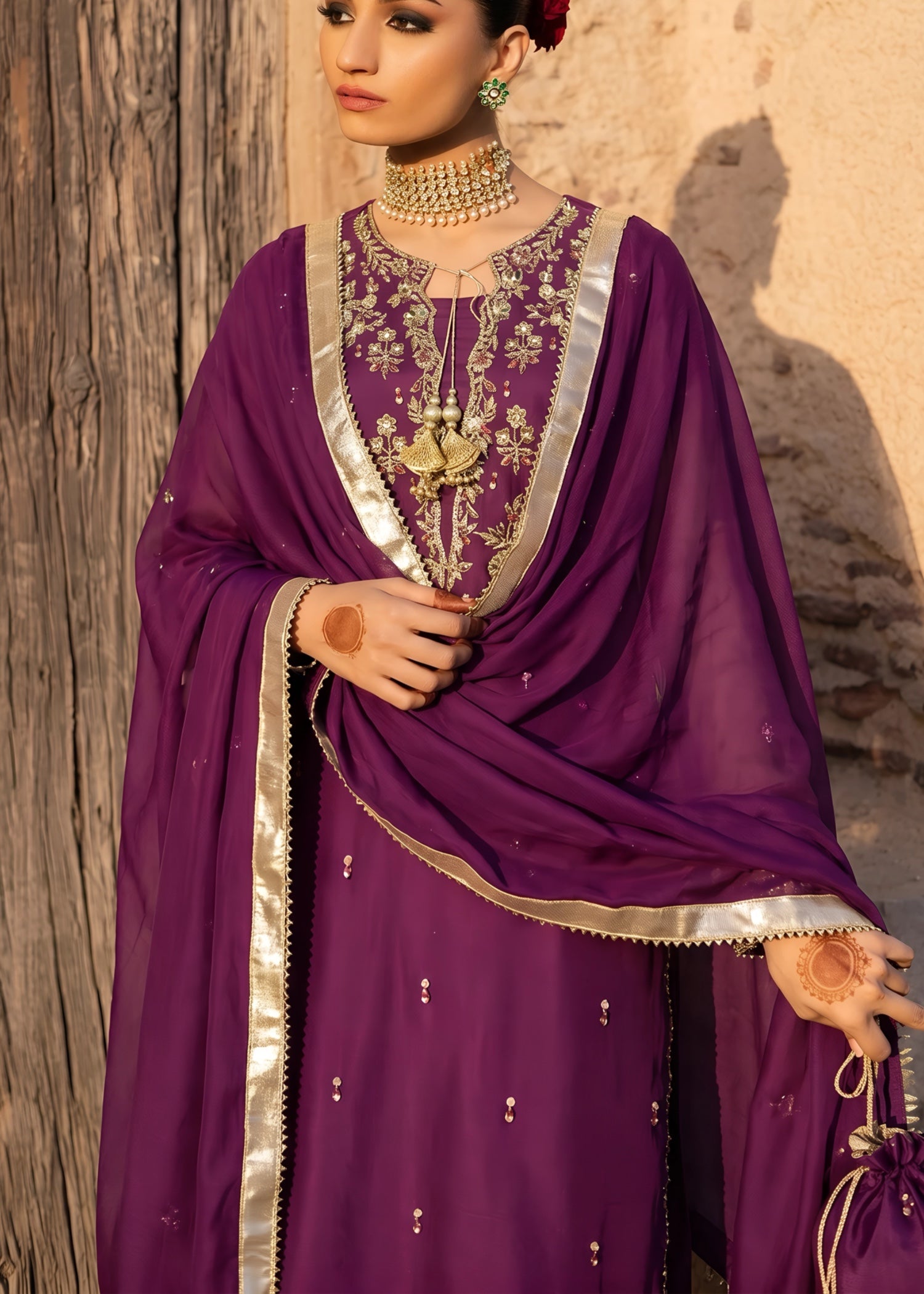 chiffon Kurta Set in Plum purple