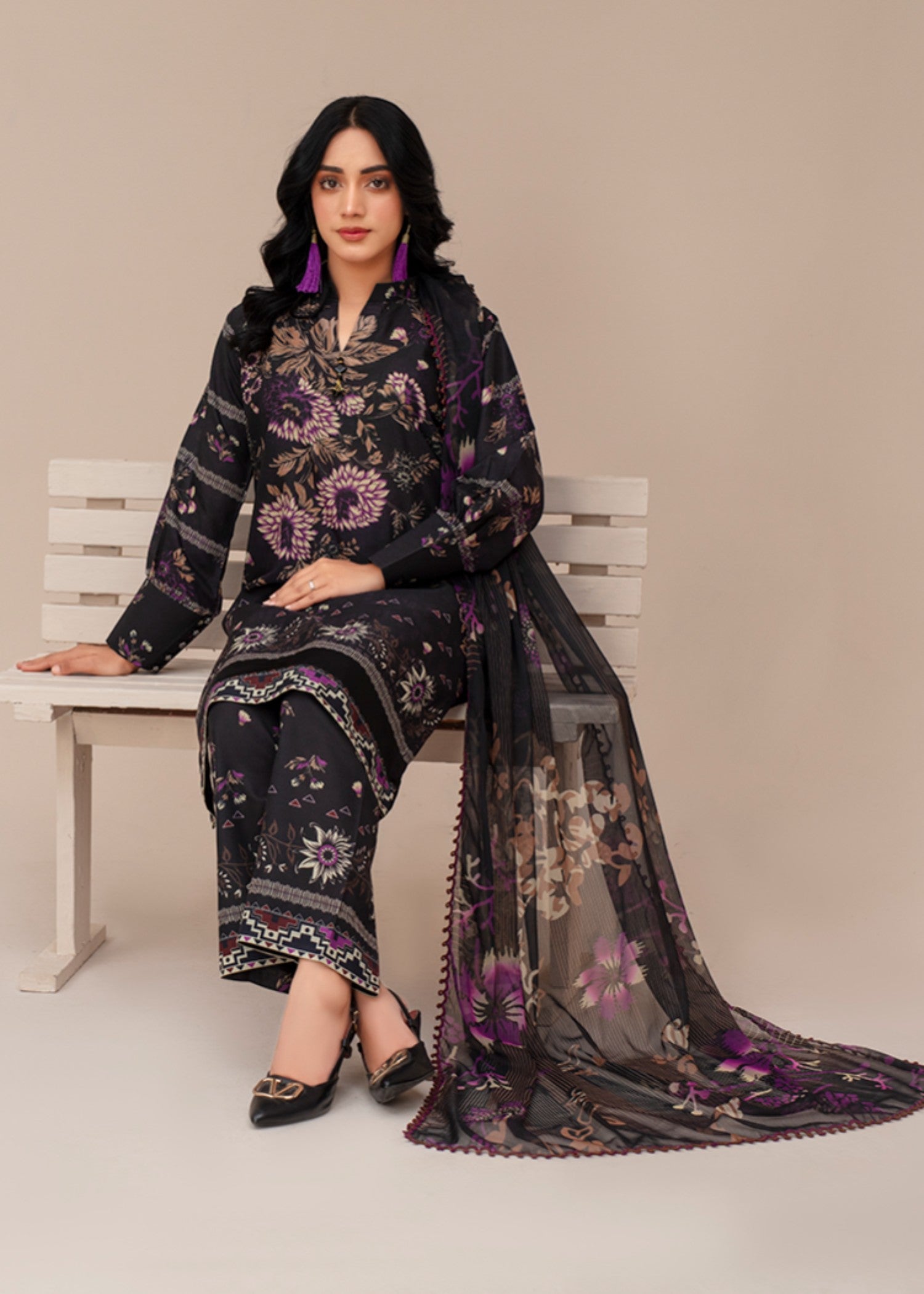 poly lawn Kurta Set in Charcoal black