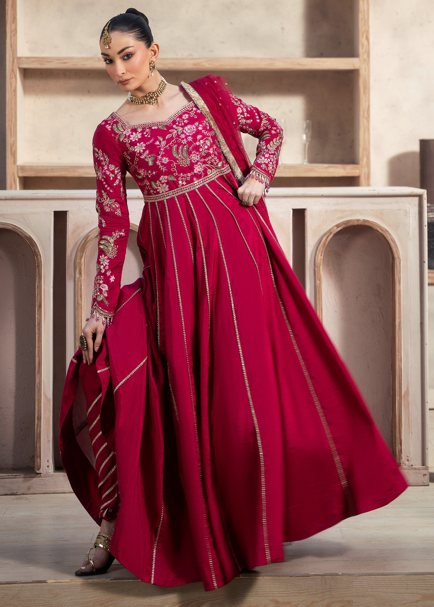 raw silk Pishwas in Shocking pink