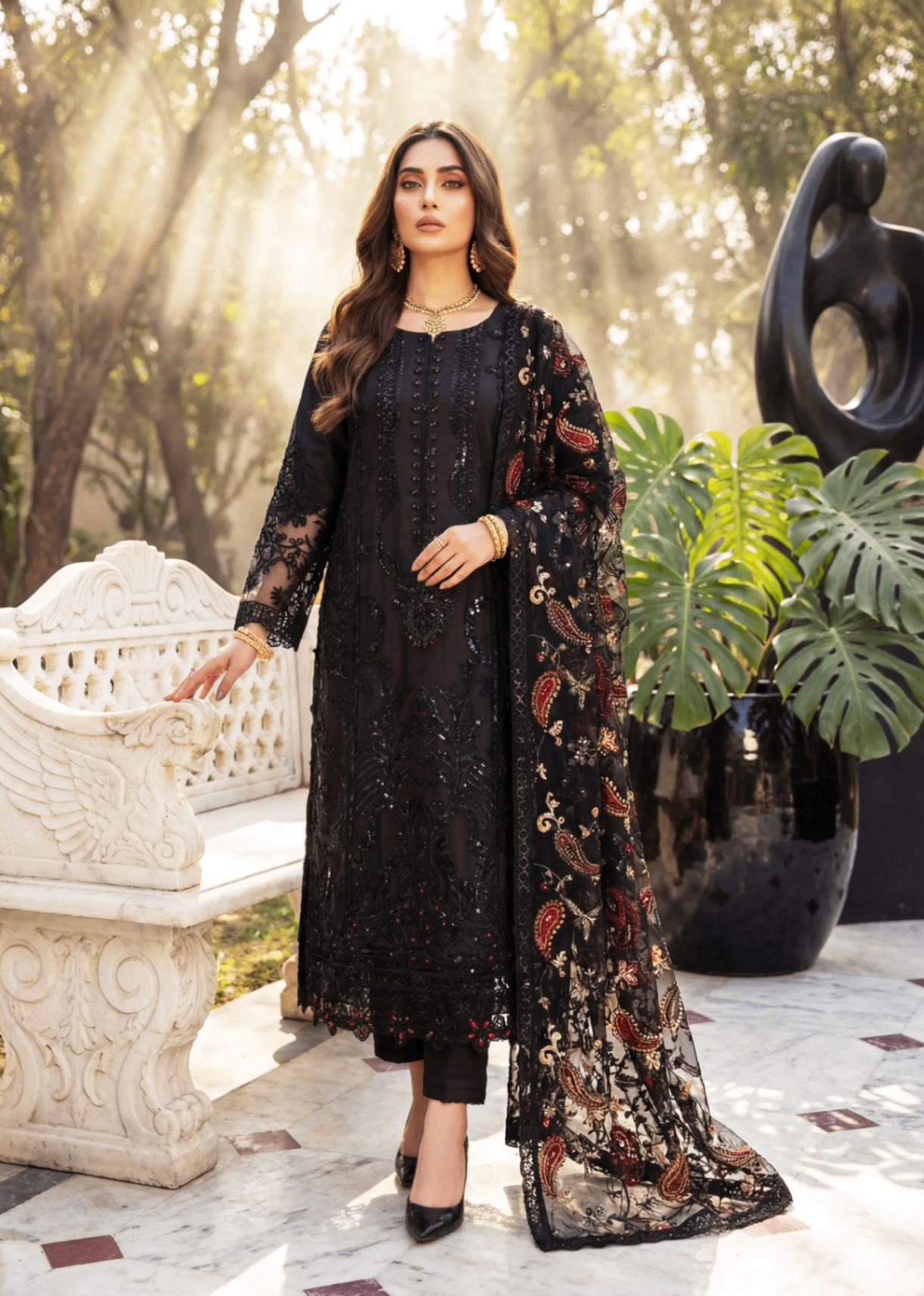 net Kurta Set in Black