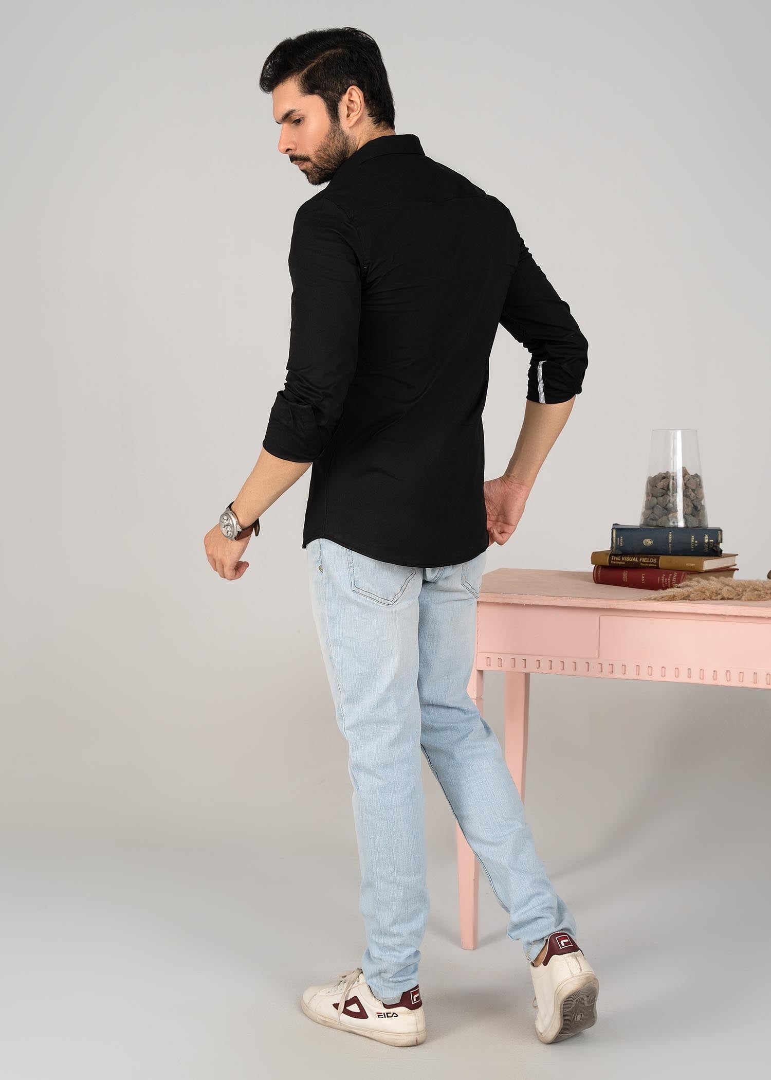 spandex Casual Shirt in Black by Pinstripe