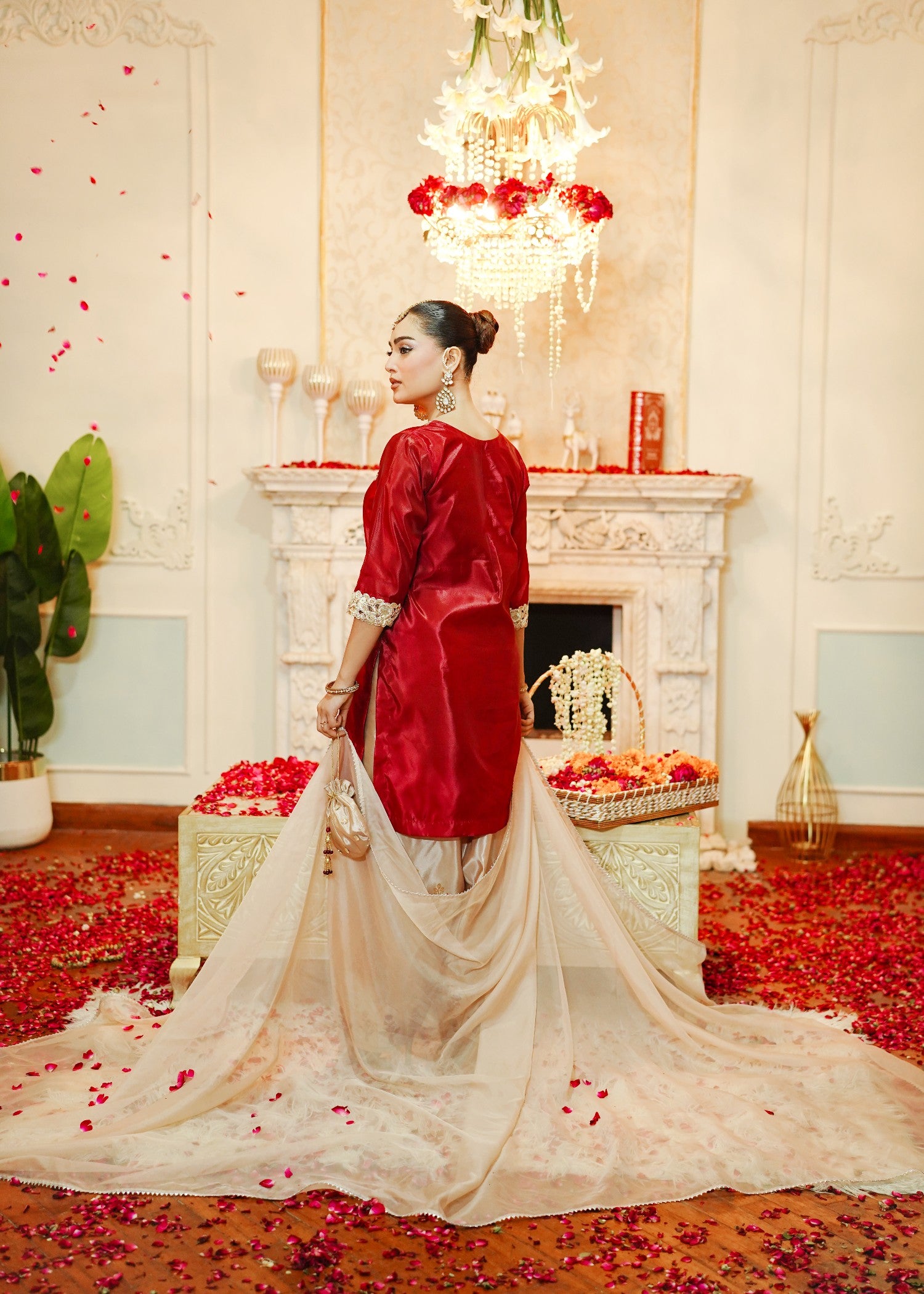 korean raw silk Kurta Set in Red, gold