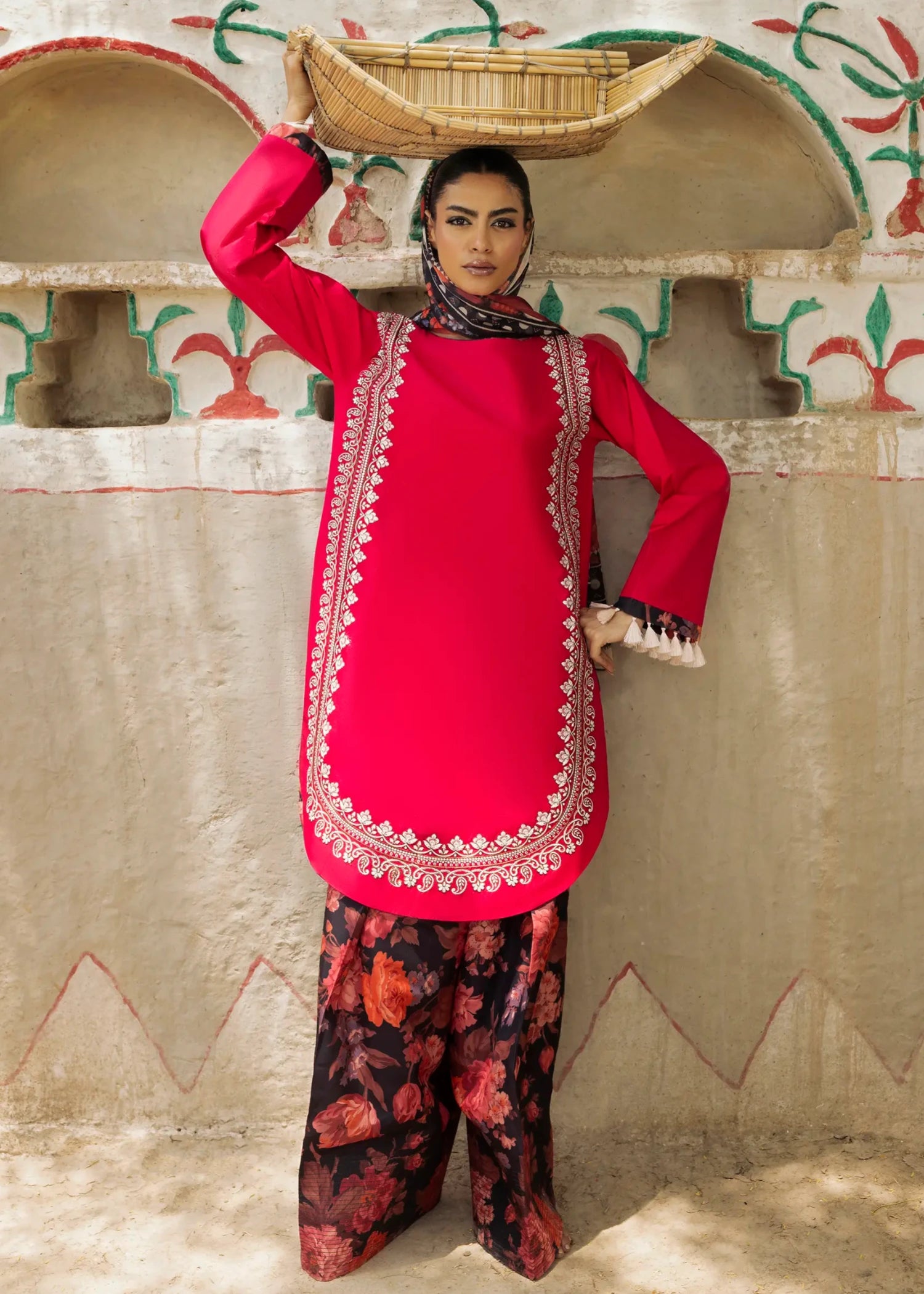 lawn cotton Kurta Set in Coral red