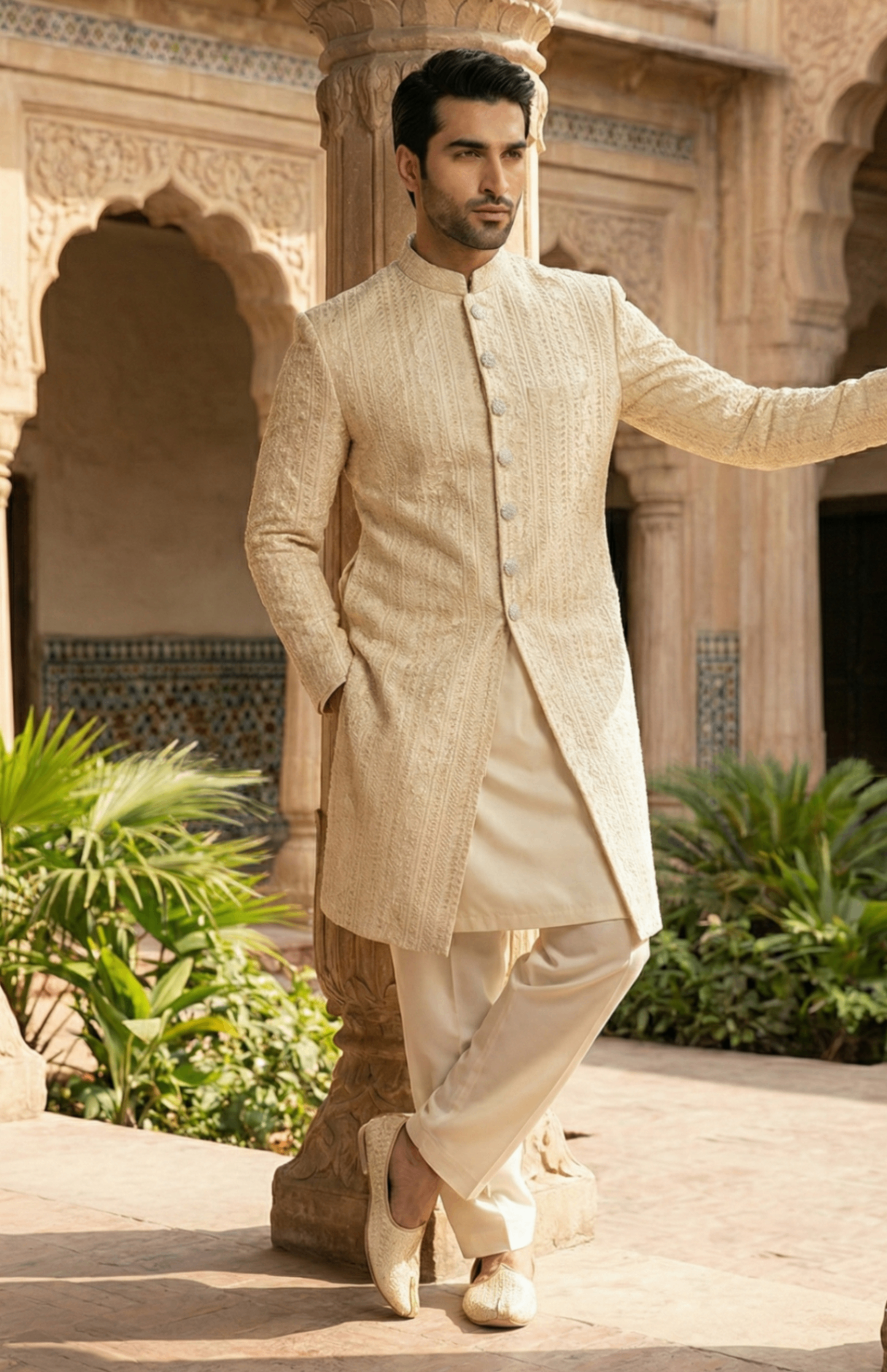 silk Sherwani in White, gold, ivory by Dulha Fashion House