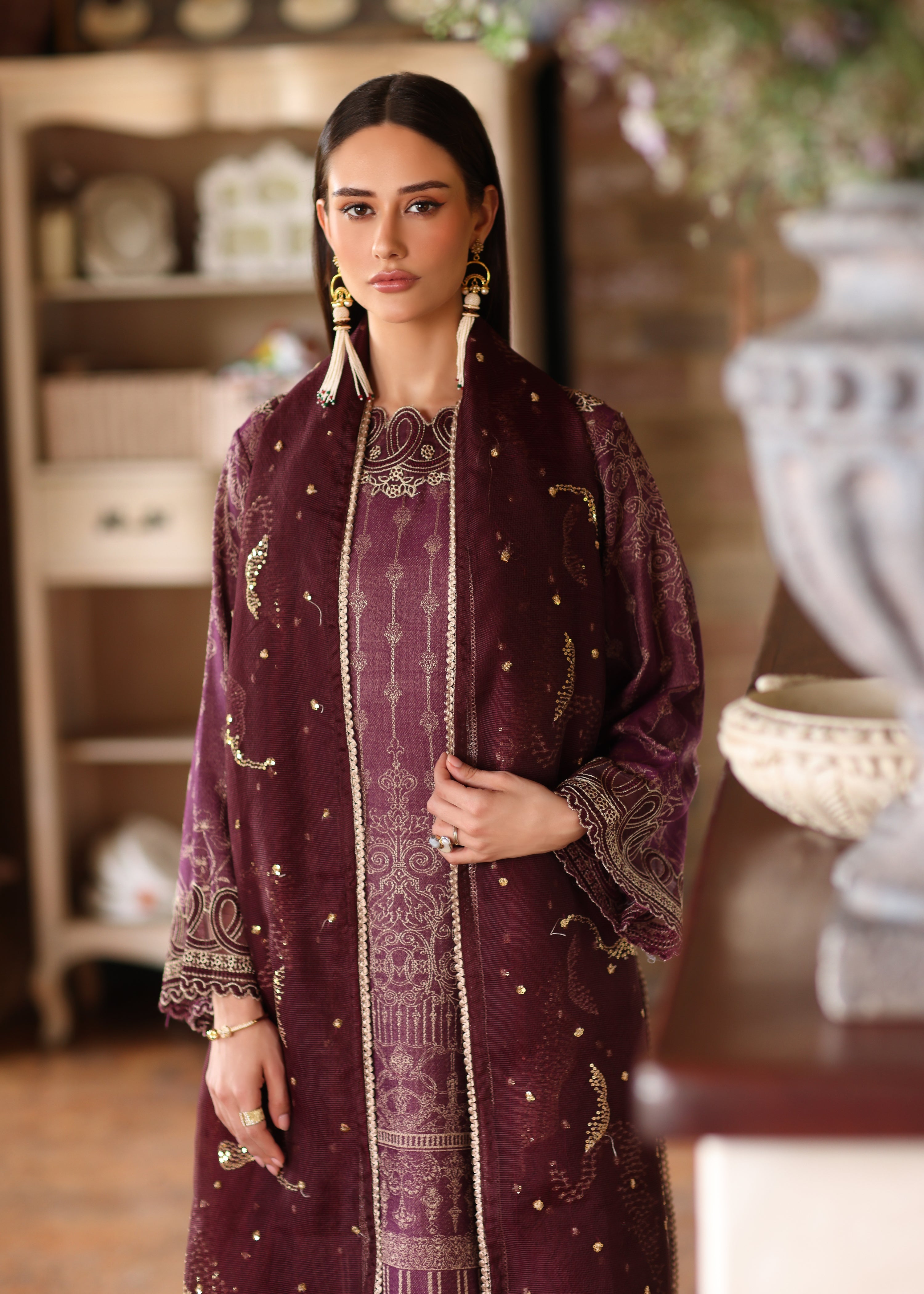 jacquard Kurta Set in Purple
