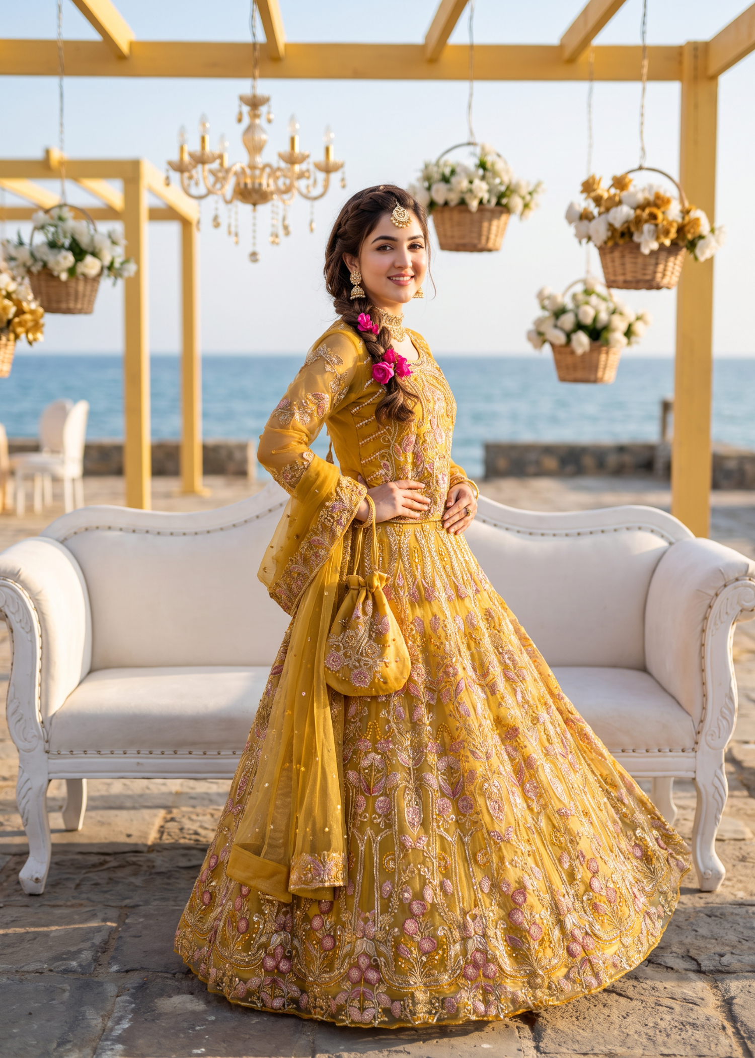 net Lehenga in Honey