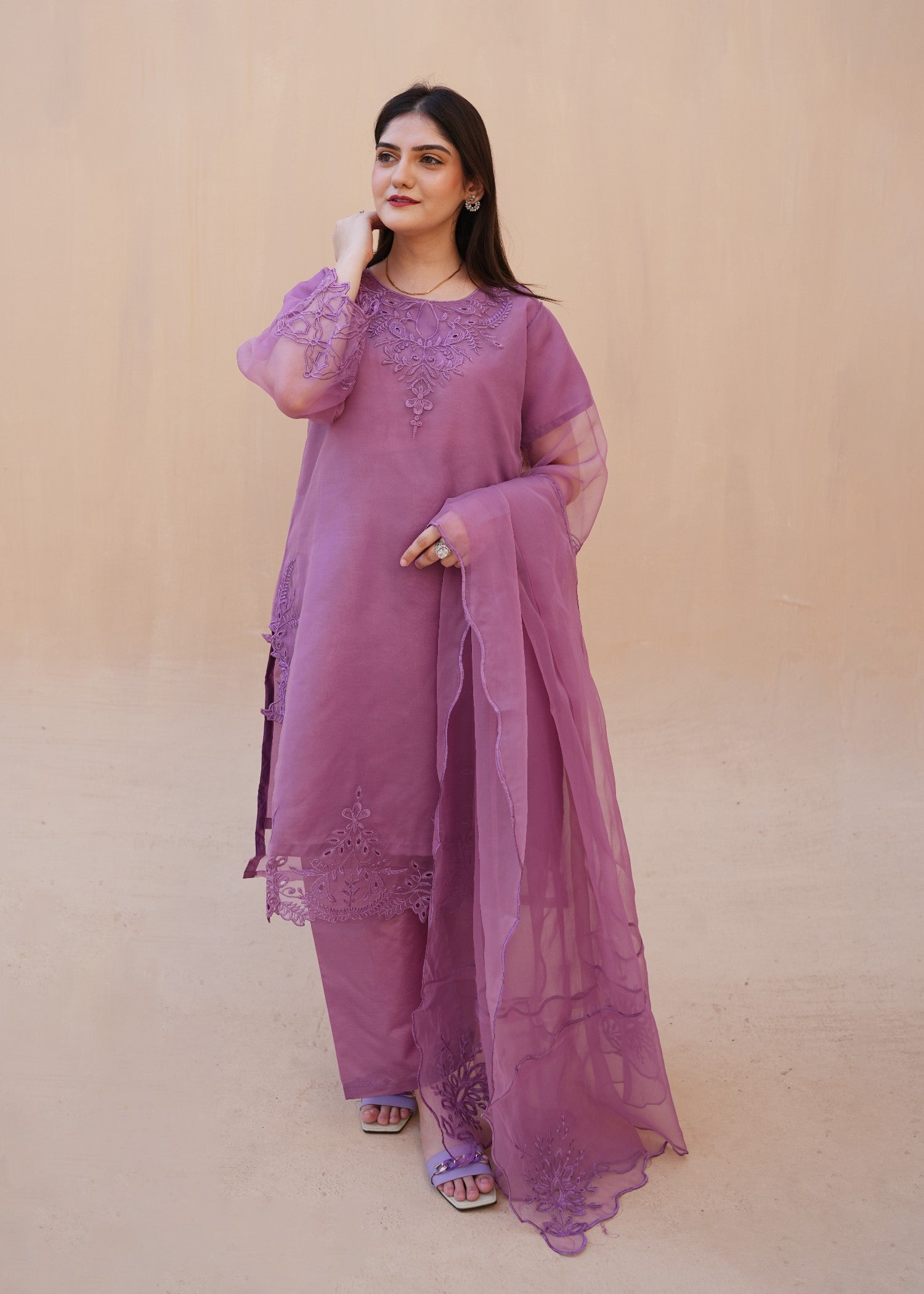organza Kurta Set in Purple ash