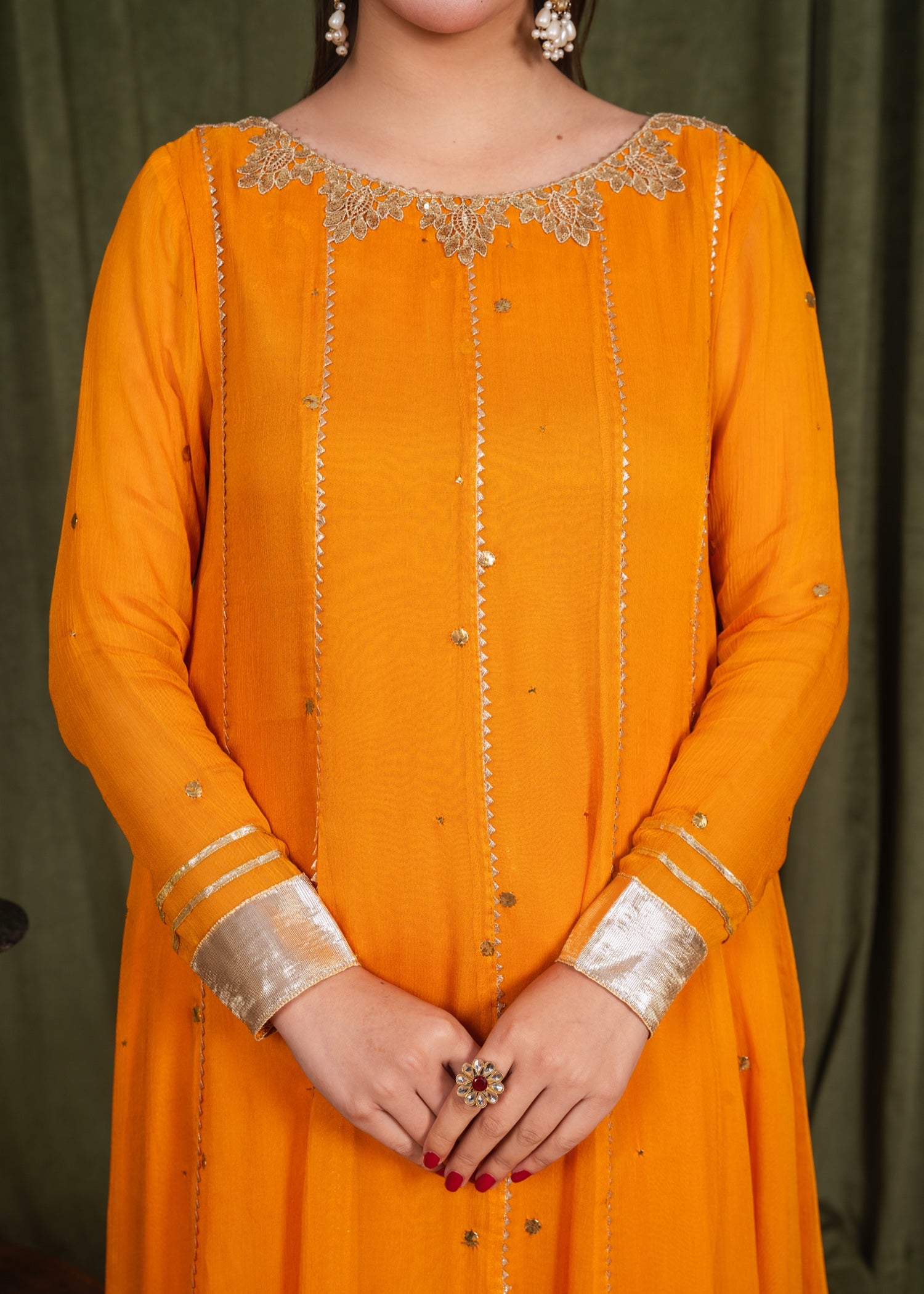 crinkle chiffon Anarkali in Goldfish orange