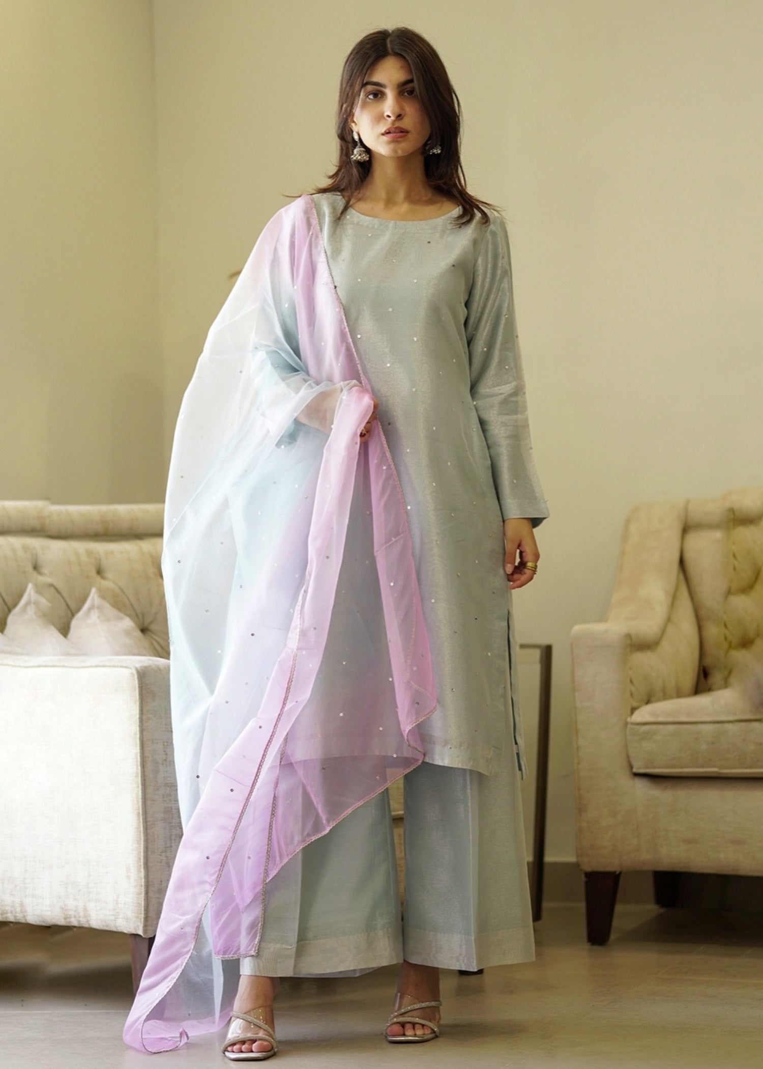 zari tissue Kurta Set in Ice blue