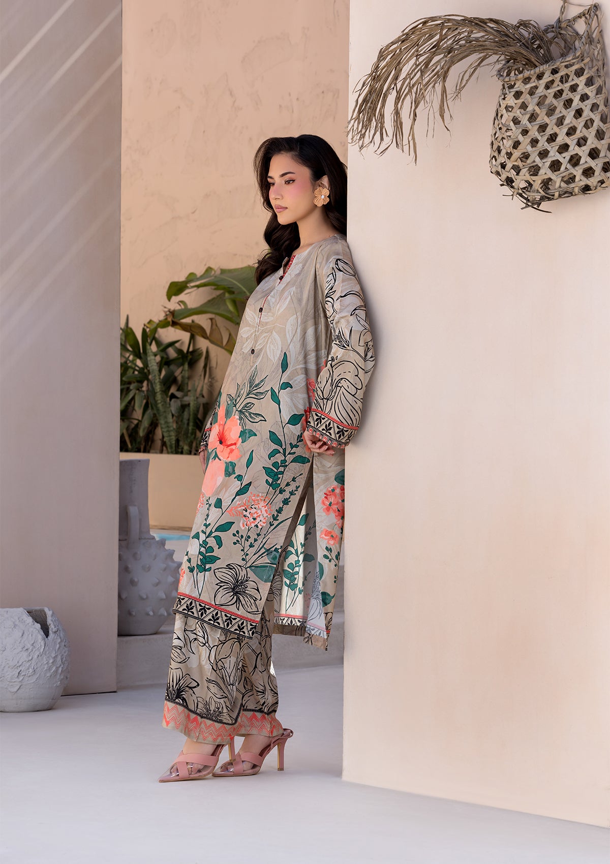 lawn Kurta Set in Tan brown