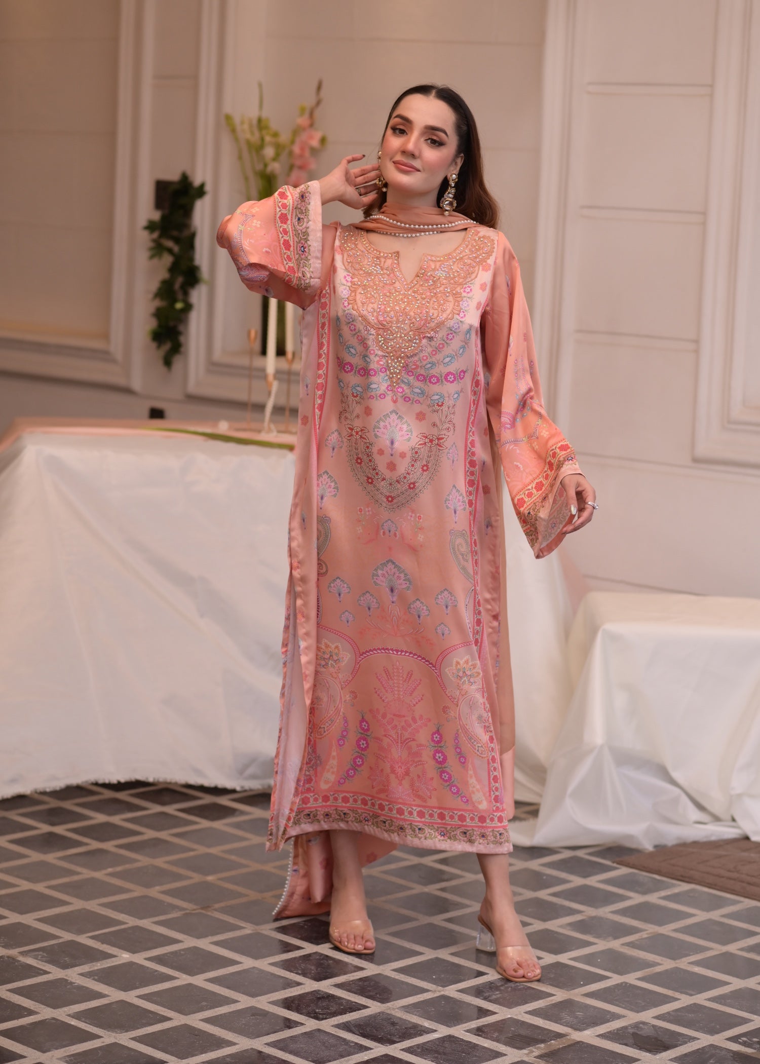 satin silk Kurta Set in Apricot orange, goldfish orange, marmalade orange
