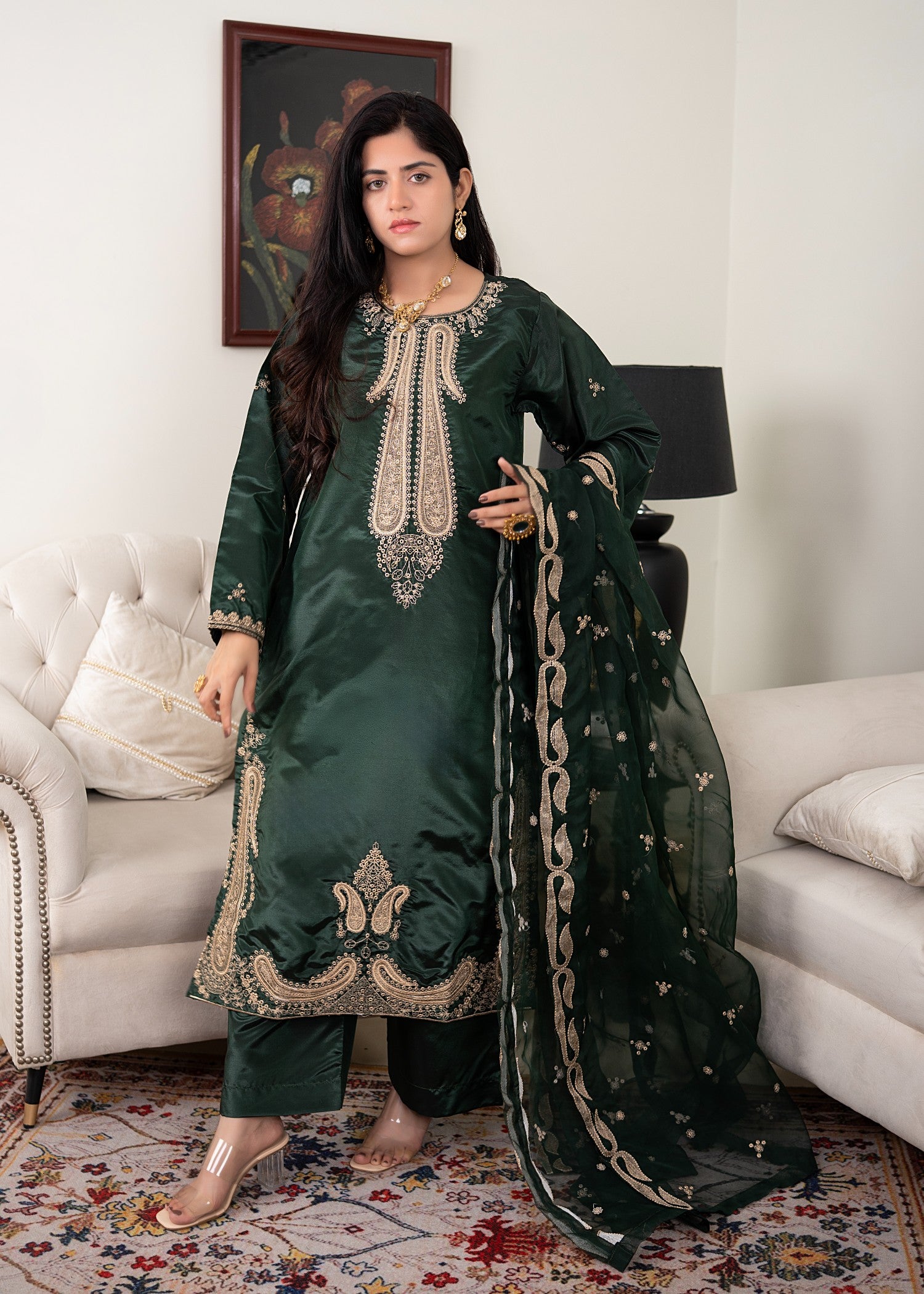 kattan silk Kurta Set in Dark green