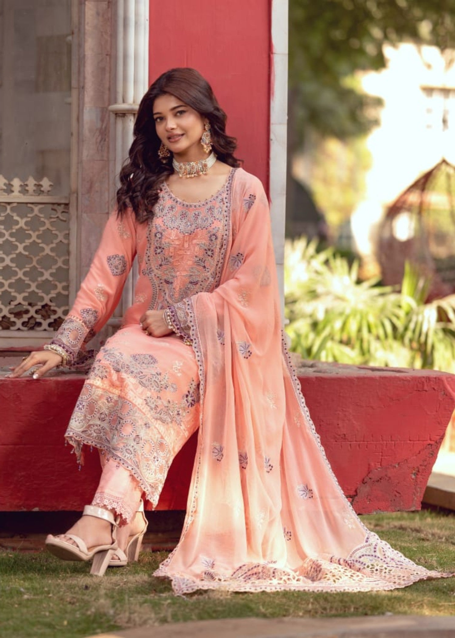 chiffon Kurta Set in Peach pink