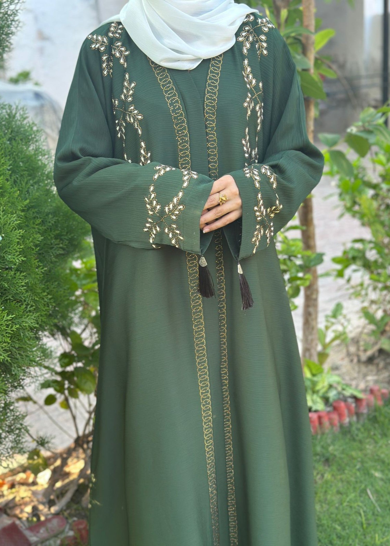 thai silk Abaya in Bottle green