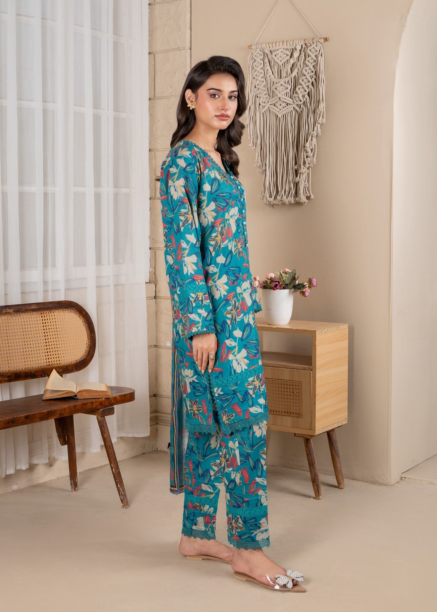 lawn Kurta Set in Bondi blue