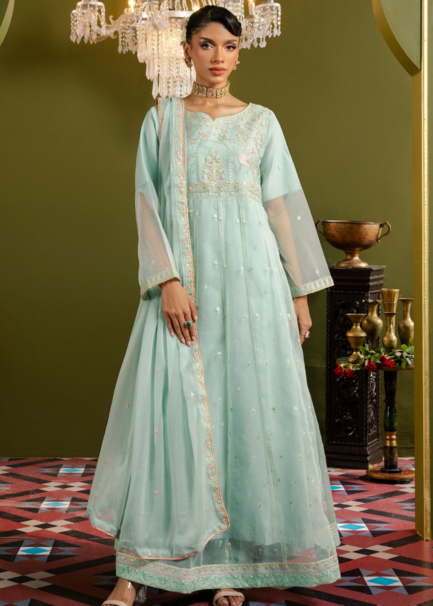organza Pishwas in Aquamarine