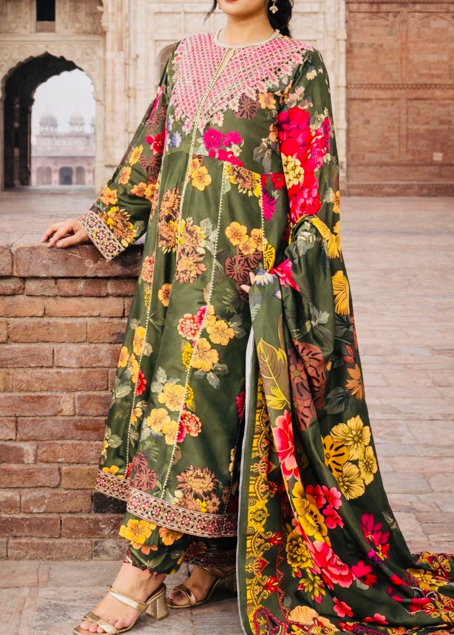 corduroy Anarkali in Bottle green