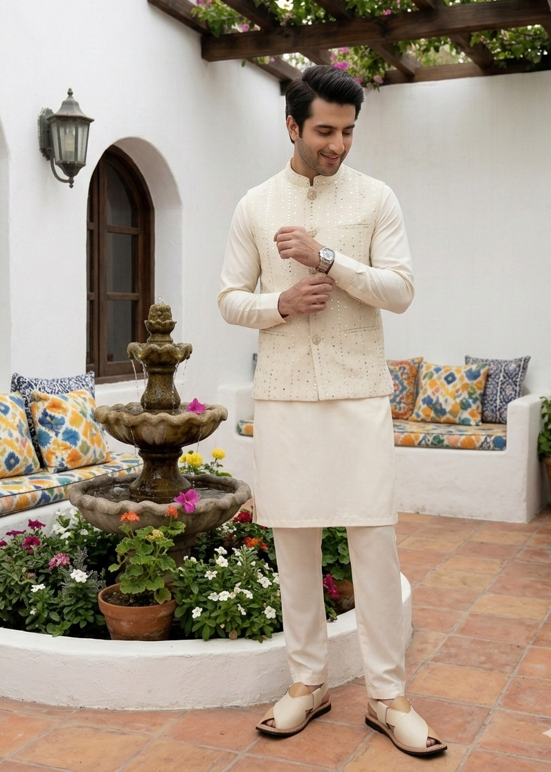 jamawar Waistcoat in Off-white, ivory