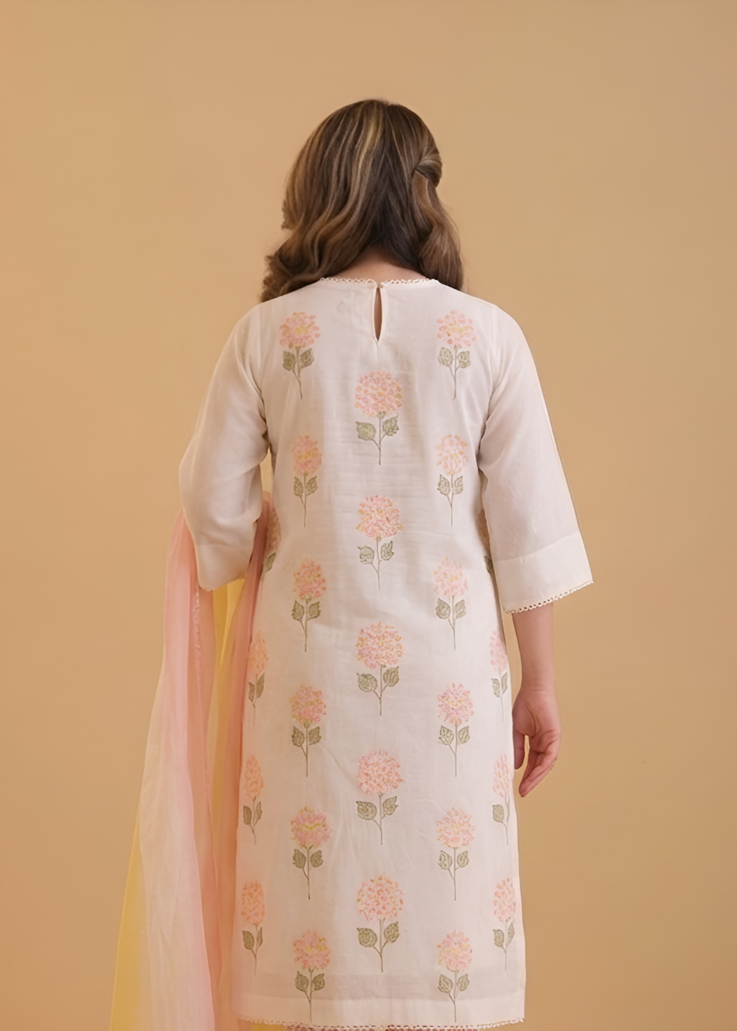 cambric cotton Kurta Set in Off-white, pale pink