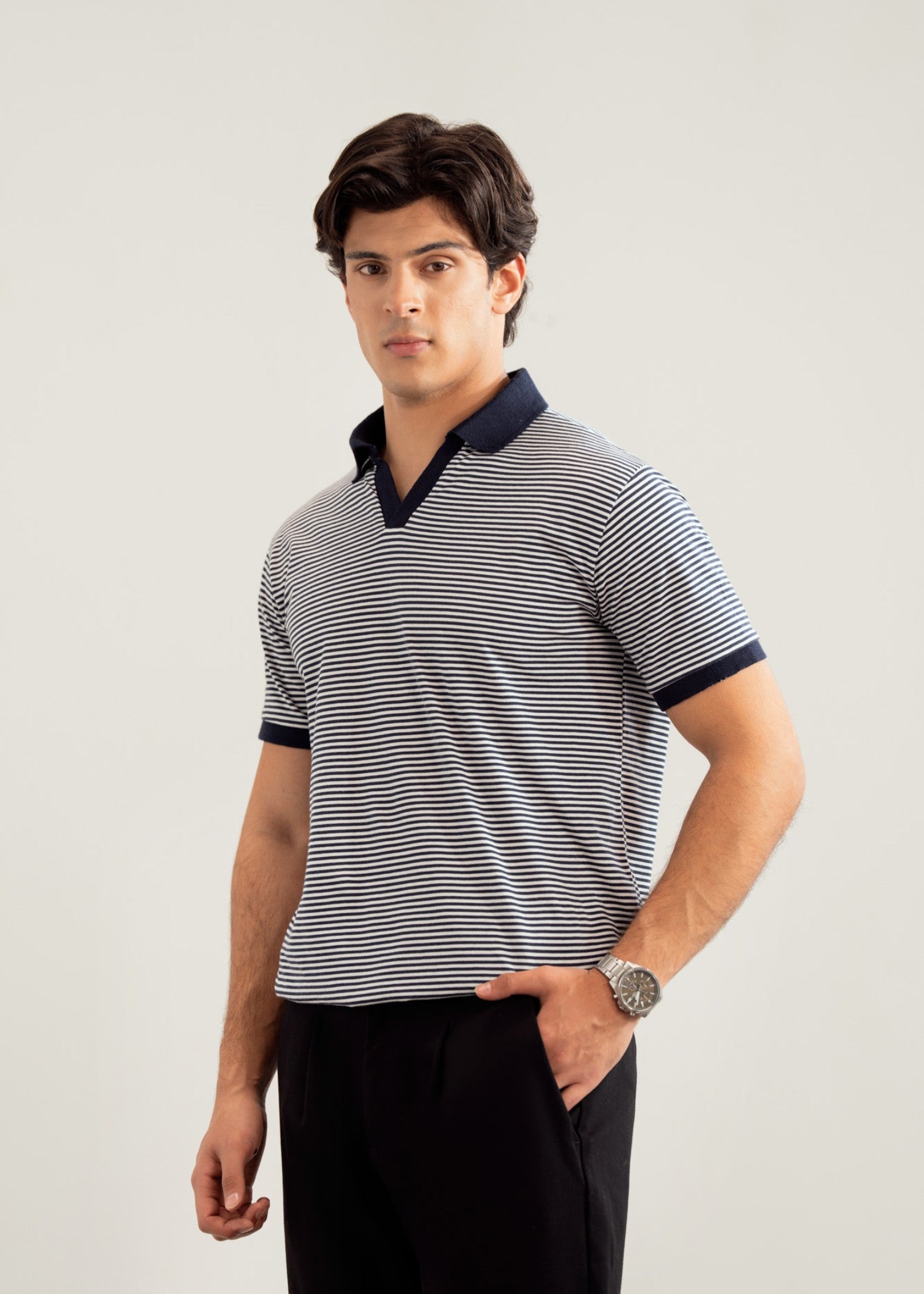 cotton jersey Polo Shirt in Navy blue, off-white