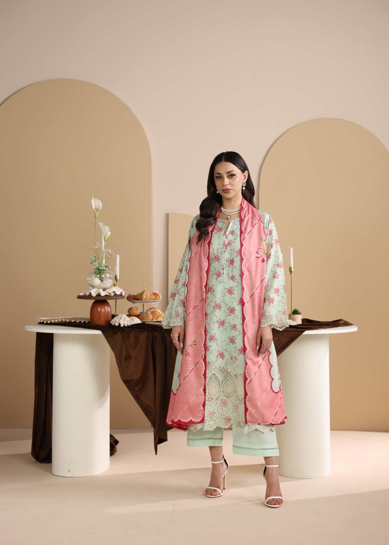 lawn Kurta Set in Tea green