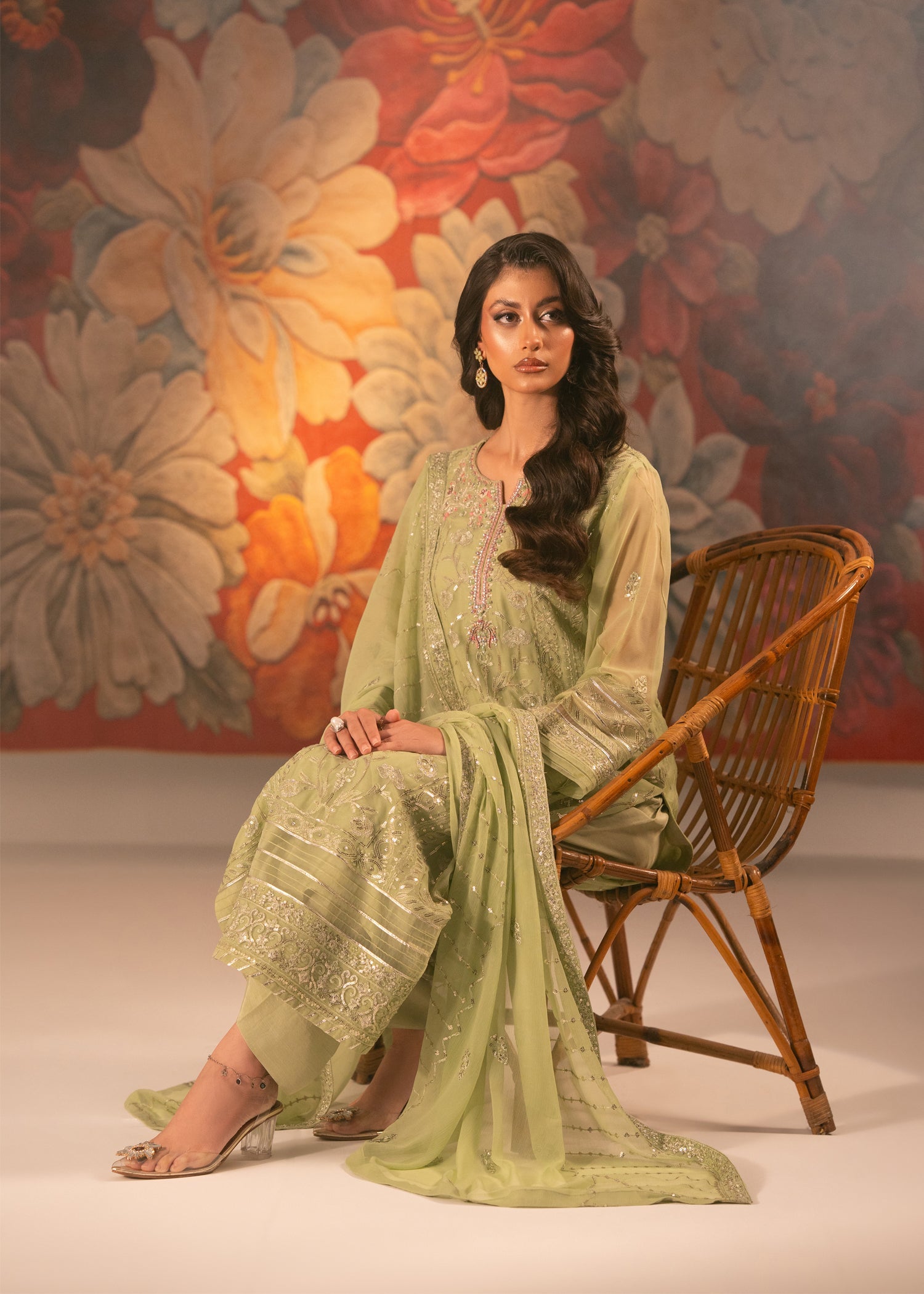 chiffon Unstitched in Pistachio green