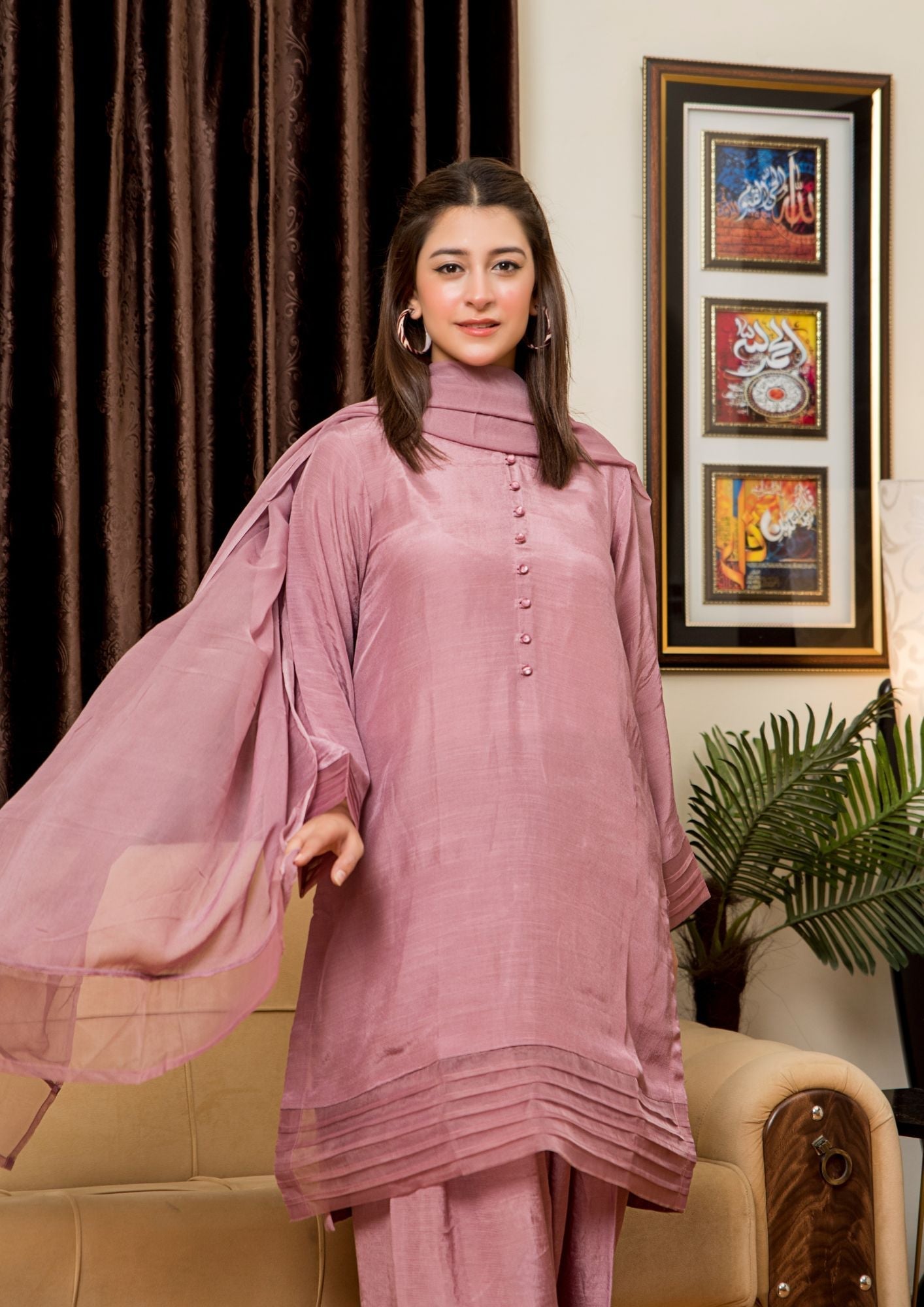 viscose raw silk Kurta Set in Tea rose pink