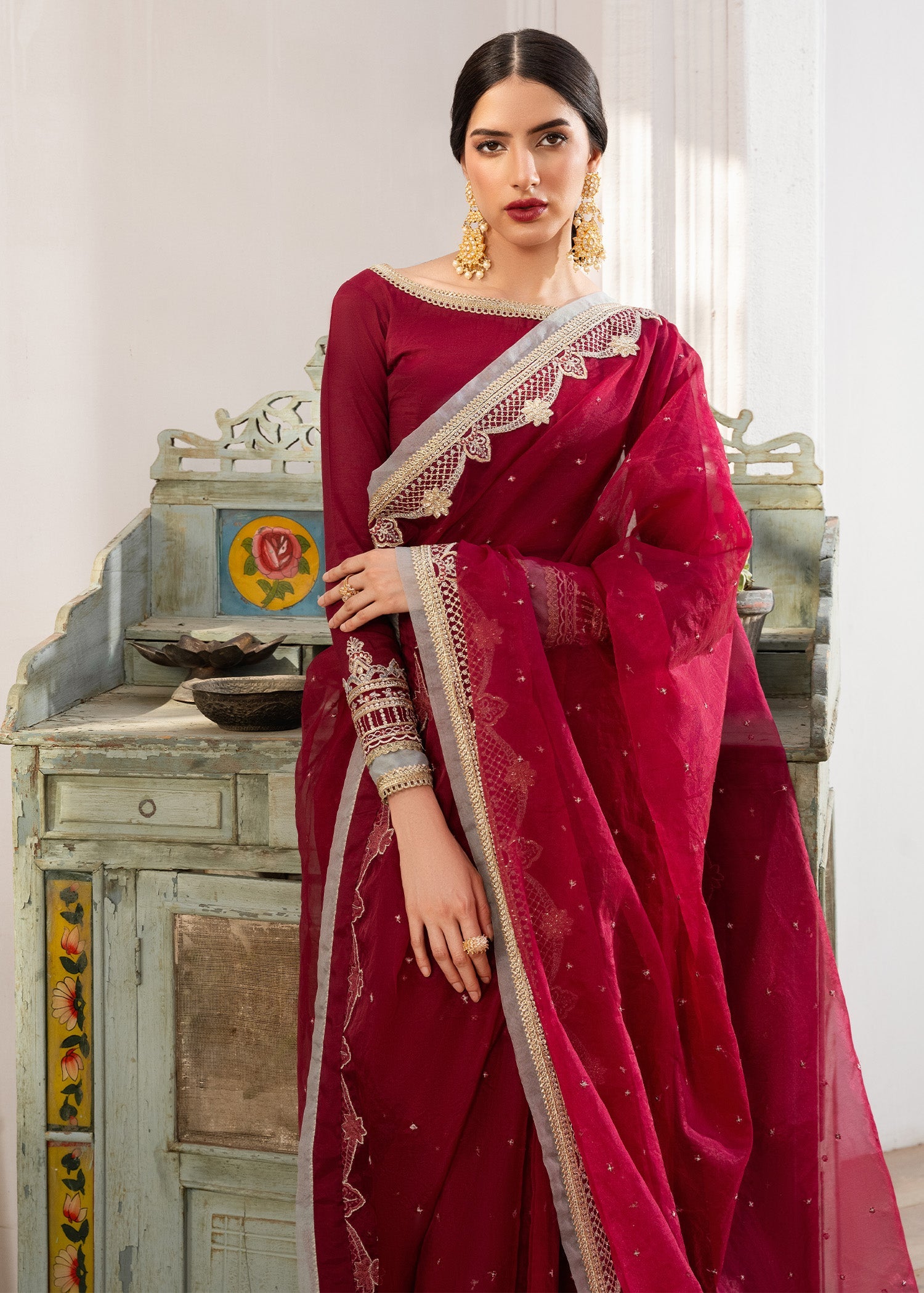 organza Saree in Maroon