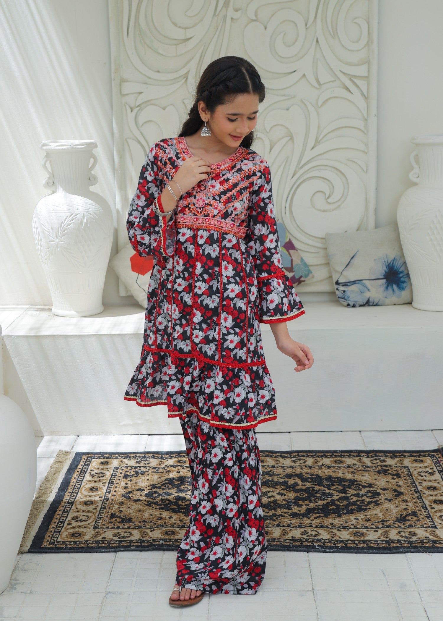 lawn Gharara in Black, multi