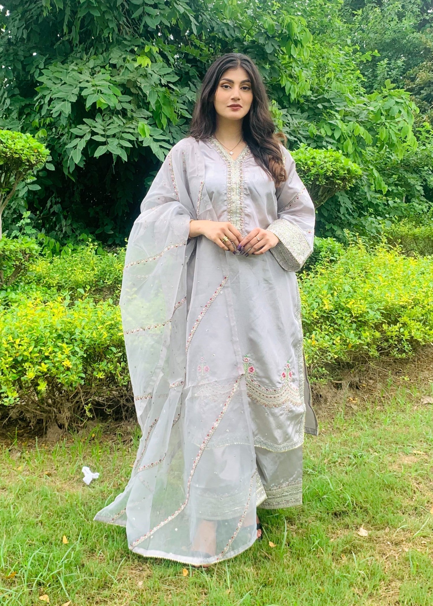 tussar silk Kurta Set in Pastel grey